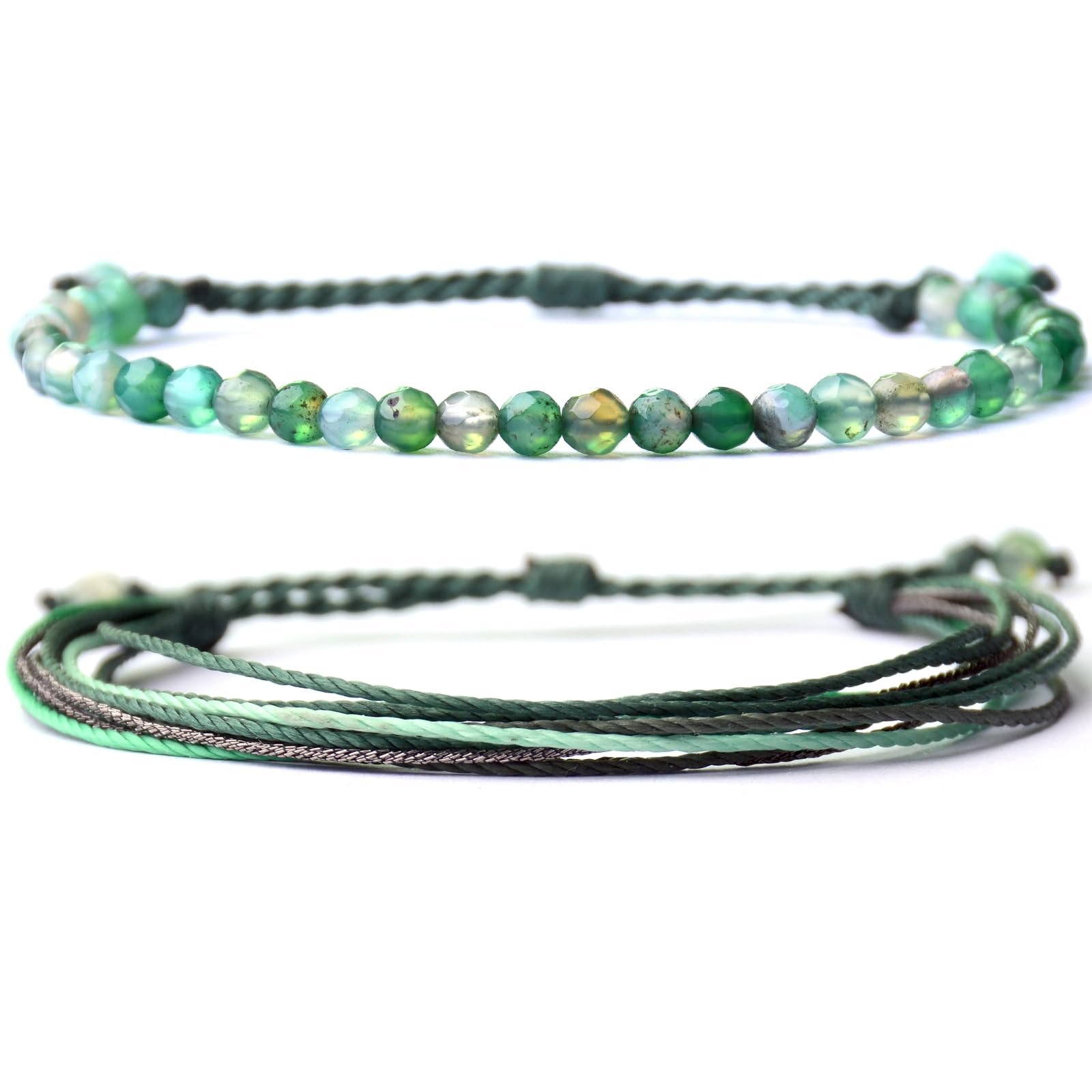 Mezcla Vida Agate Beaded Bracelets for Women - Adjustable String Bracelet Set with Natural Stones, Boho Style Jewelry Gift for Friends (Green, 2 Pack) | Perfect for Yoga, Meditation, and Everyday Boho Fashion