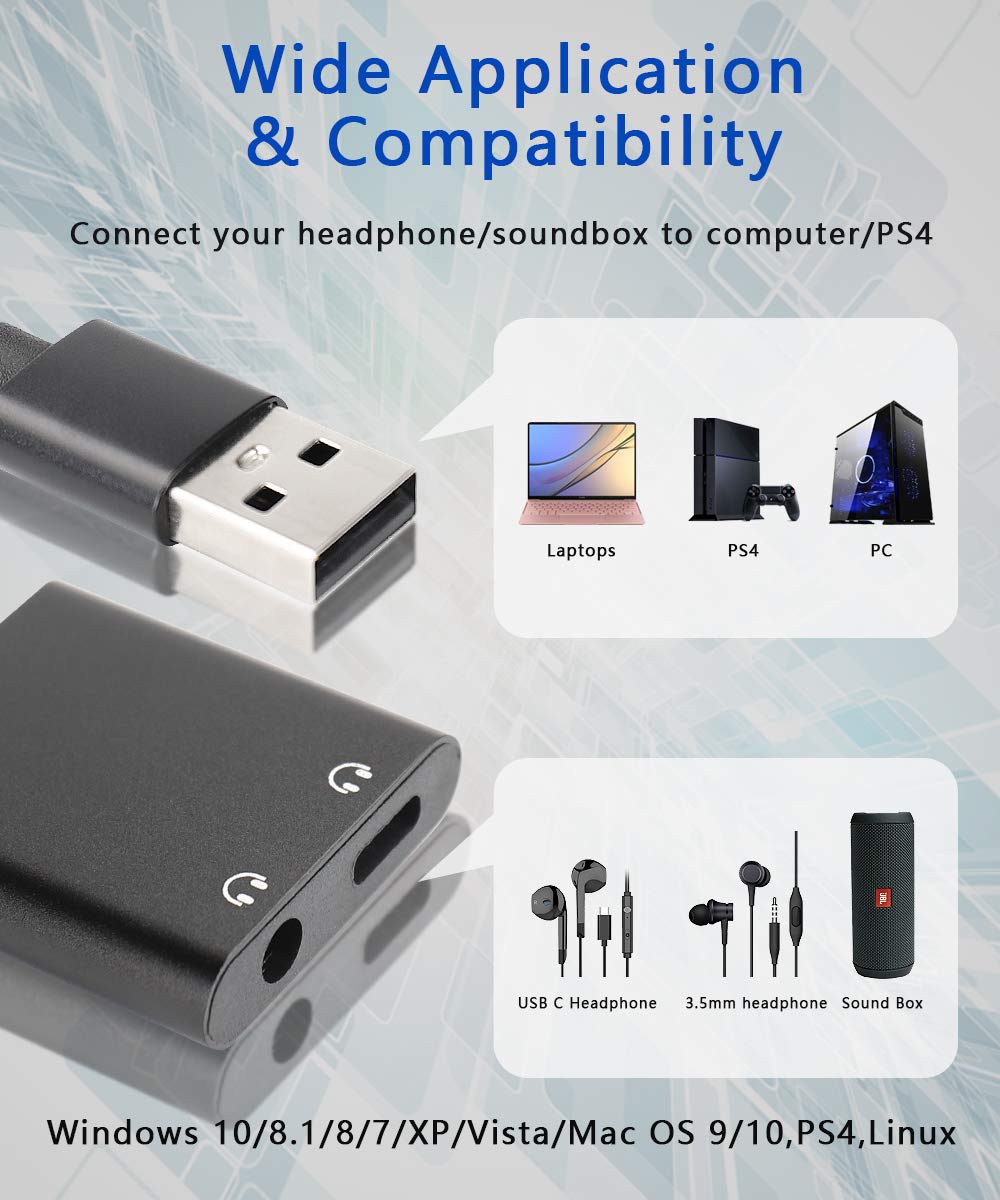 2-in-1 USB to 3.5mm & USB-C Audio Adapter for Headphones, PC, PS4