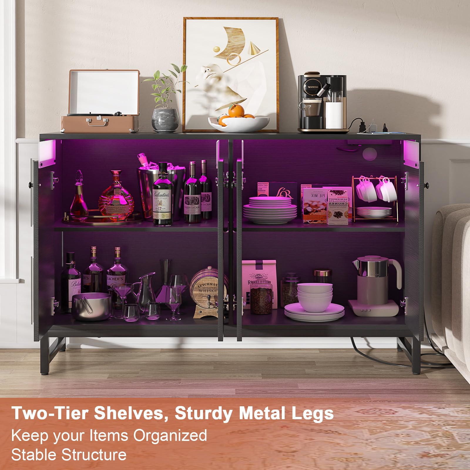 Aheaplus Modern Sideboard Buffet Cabinet with Built-in Power Outlet & LED Lighting - Kitchen Storage Cabinet with Doors - Accent Cupboard Buffet Table for Dining Room, Living Room, Hallway - Perfect for Entertaining Guests & Organizing Dishes (Black)