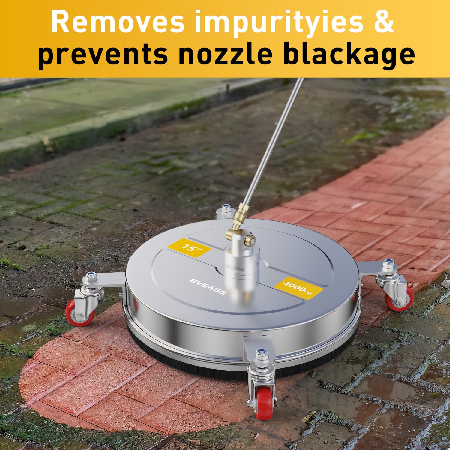 EVEAGE 15 Inch Pressure Washer Surface Cleaner - 4000 PSI Power Washer Attachment with 4 Wheels & Dual Stainless Steel Housing - Includes 2 Extension Wands - Ideal for Driveway, Deck, Patio, and Concrete Cleaning