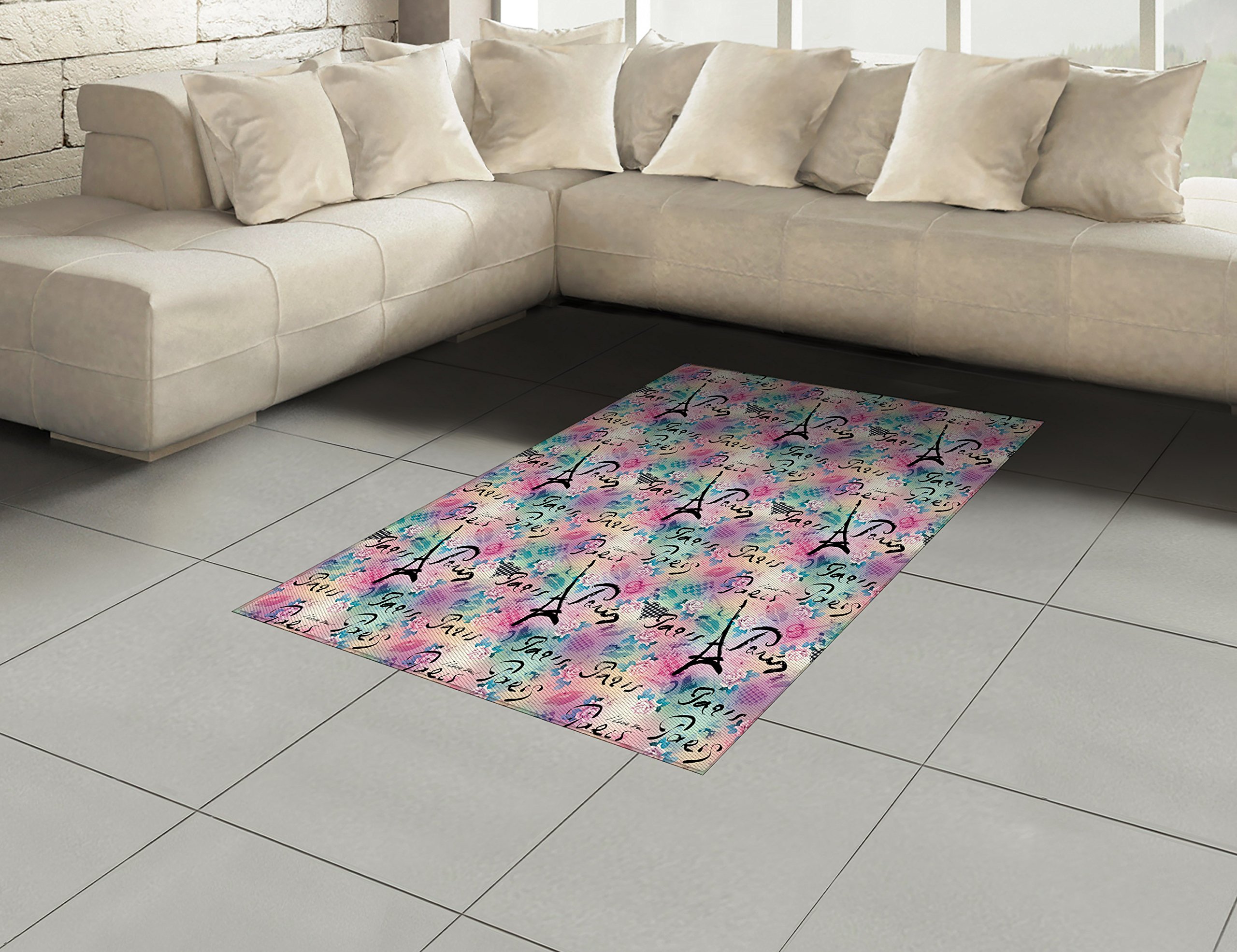 Ambesonne Paris Area Rug - French Floral Rose Checkered Hearts Romance Love Design, Flat Woven Accent Rug for Living Room, Bedroom & Dining Room, 4' x 5' 7
