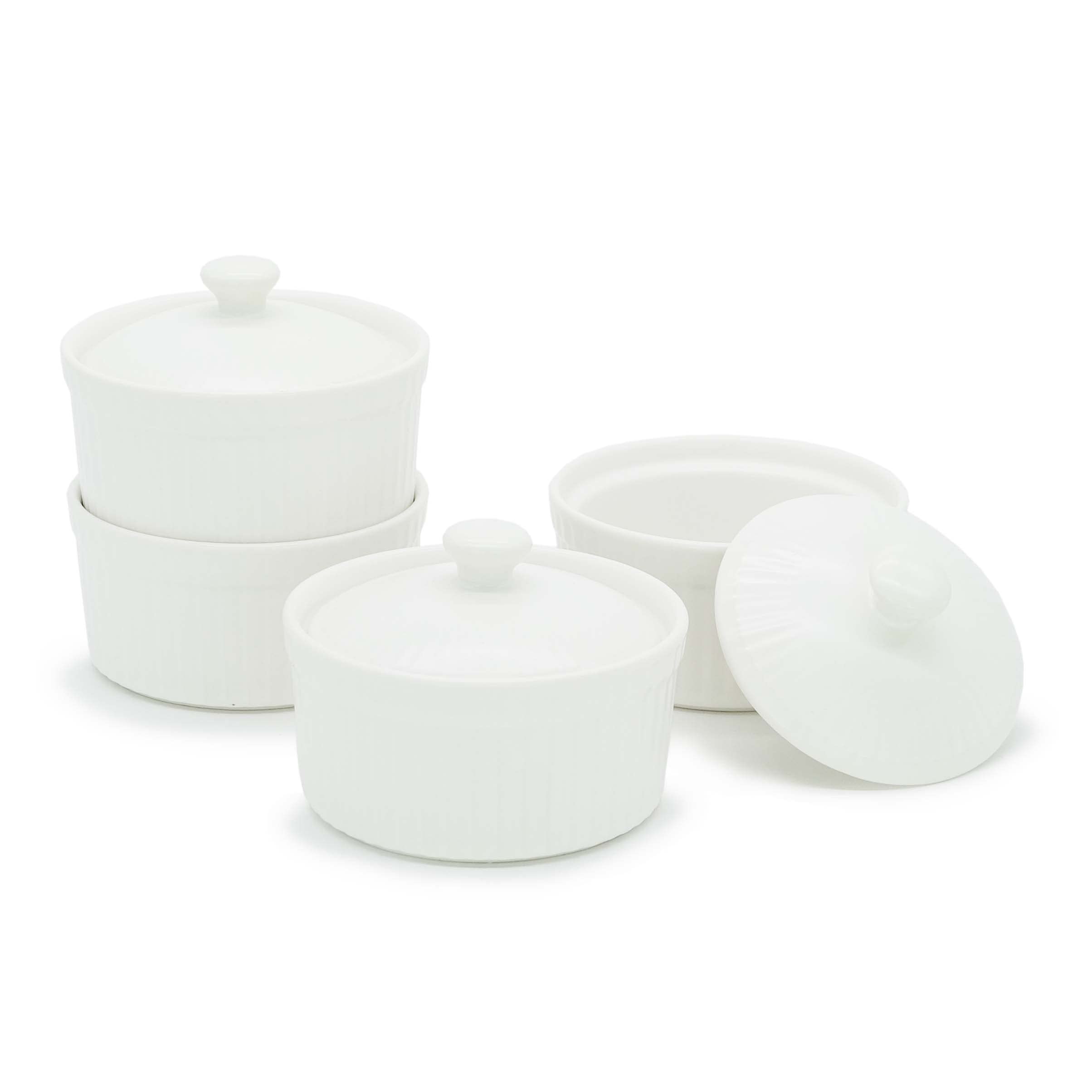 4 oz Porcelain Ramekins with Lids - Oven Safe Baking Dishes for Crème Brûlée, Soufflé & Desserts - Set of 4 White Covered Ramekins - Perfect for Home Baking, Restaurant Use & Gift Giving