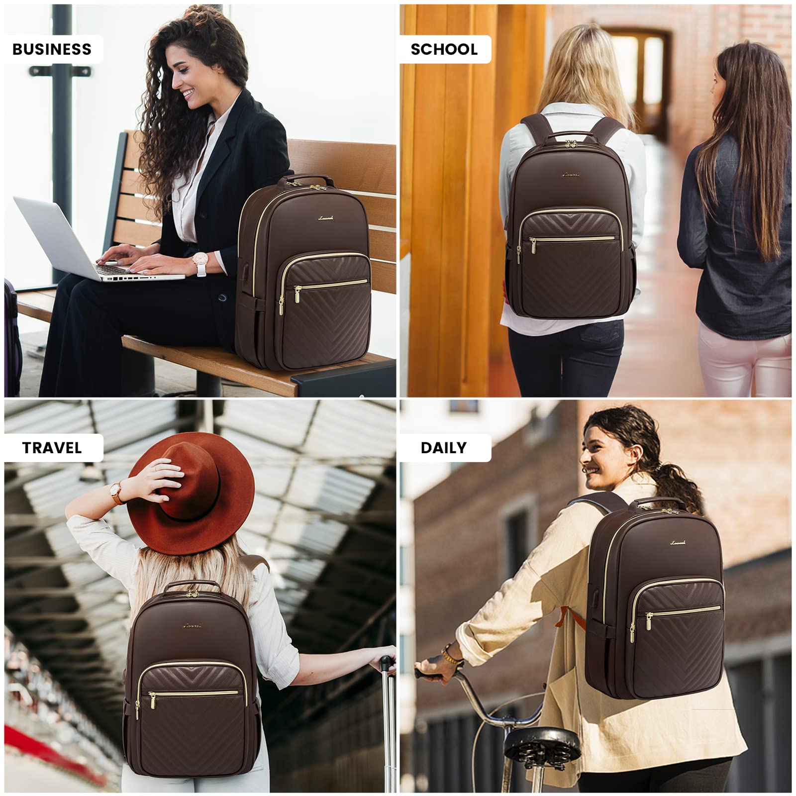 LOVEVOOK Women's Leather Laptop Backpack - Stylish Large Capacity Travel Bag, Waterproof Work Backpack with USB Port, Fits 15.6 Inch Laptop - Perfect for Office, College, Commuting & Weekend Getaways (Coffee)