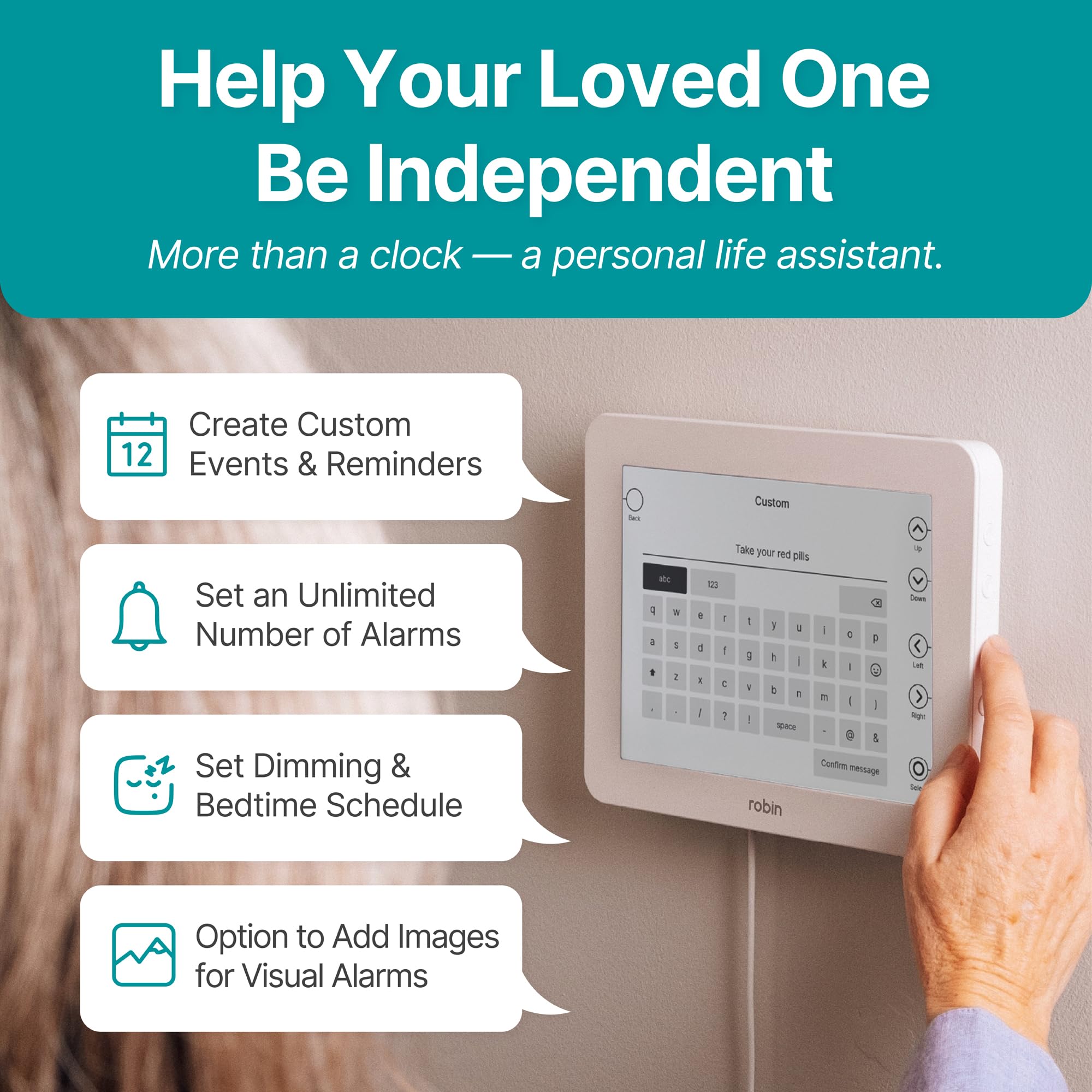 2024 Robin Digital Day & Date Clock for Elderly - Extra Large Dementia & Alzheimer's Clock with Clear Display, White - Perfect for Bedside, Nursing Homes & Memory Care Facilities