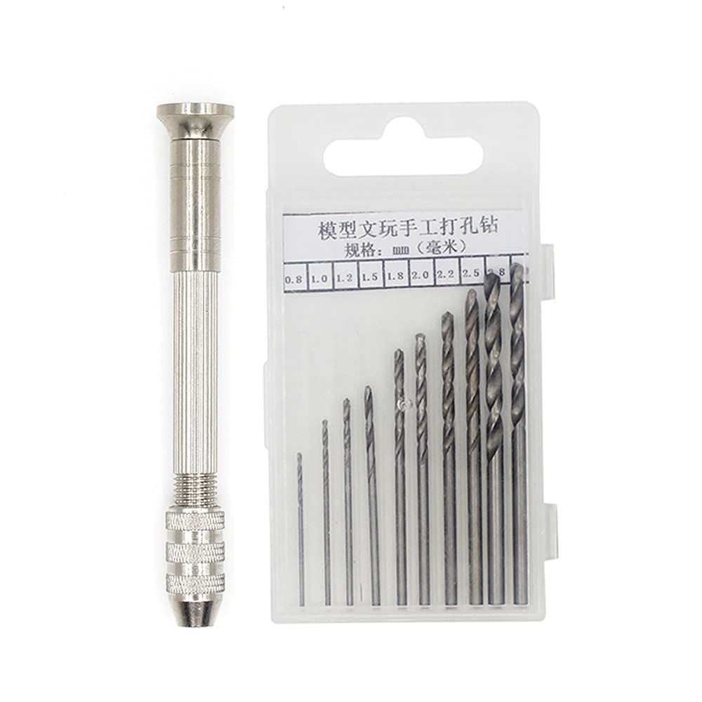 Premium Keyless Chuck Hand Drill Set with 10pcs High-Speed Steel Twist Drill Bits (0.8-3mm) - Metal Spiral Rotary Tool for Jewelry Making, Woodworking & DIY Home Projects