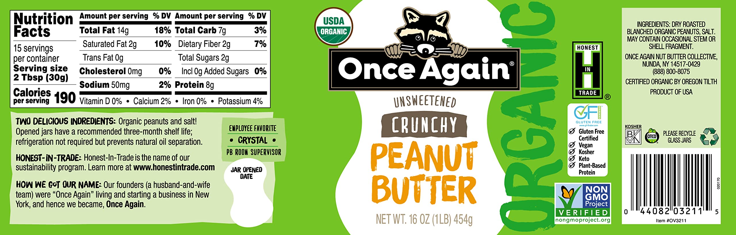 Once Again Organic Crunchy Peanut Butter, 16oz - Lightly Salted, Unsweetened, USDA Organic, Gluten Free, Vegan, Kosher - Healthy Snack for Sandwiches, Smoothies & Baking - Case of 12 Glass Jars