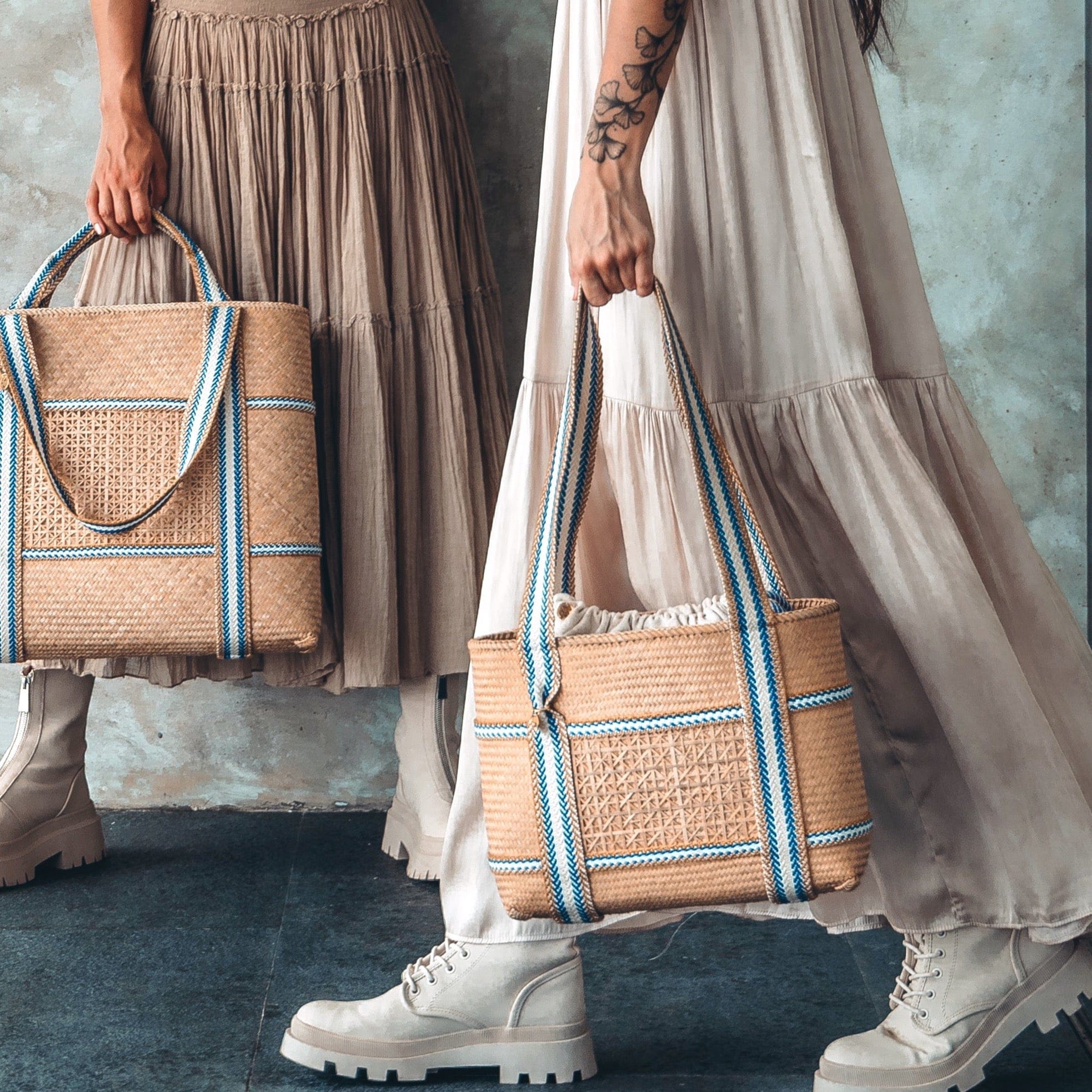 Malaka Handwoven Bamboo Vegan Small Tote Bag - Eco-Friendly Natural & Blue Stripe Beach Bag for Women | Perfect for Shopping, Picnics & Summer Outings