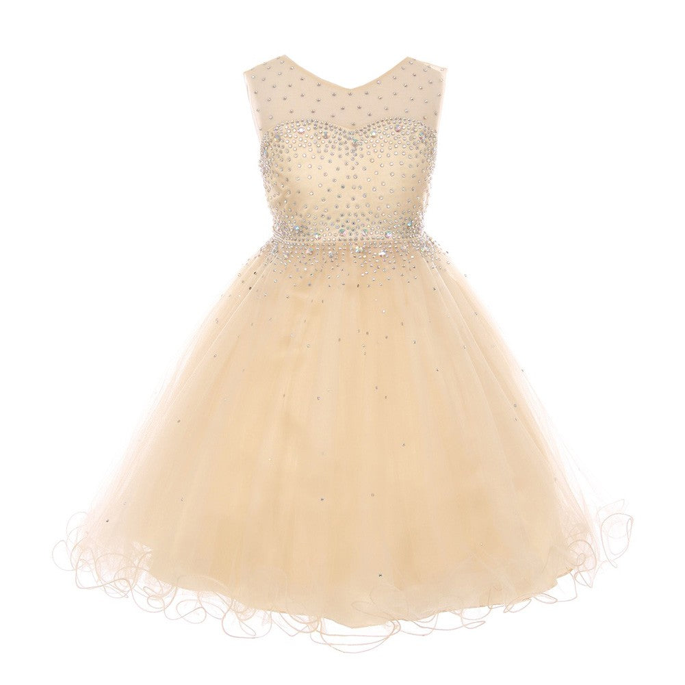 Sparkling Champagne AB Rhinestone Illusion Party Dress for Big Girls - Junior Bridesmaid Gown Sizes 8-16 | Perfect for Weddings, Prom & Special Occasions