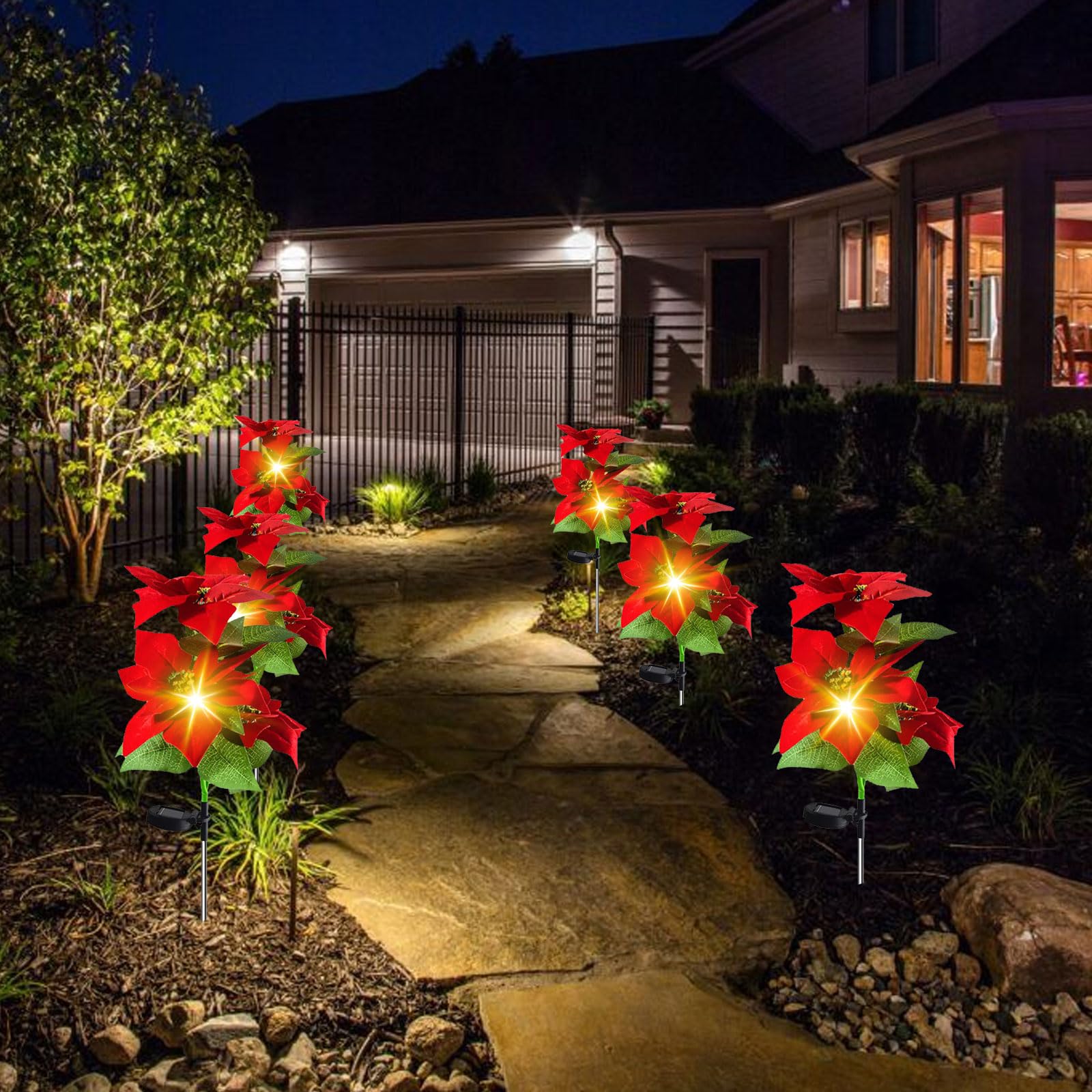 BEIJIALY 2PCS Solar Powered Christmas Pathway Lights - Waterproof LED Poinsettia Solar Stake Lights for Yard, Garden, Lawn Decoration | Outdoor Holiday Lighting for Xmas, Patio, Walkway, Driveway Decor