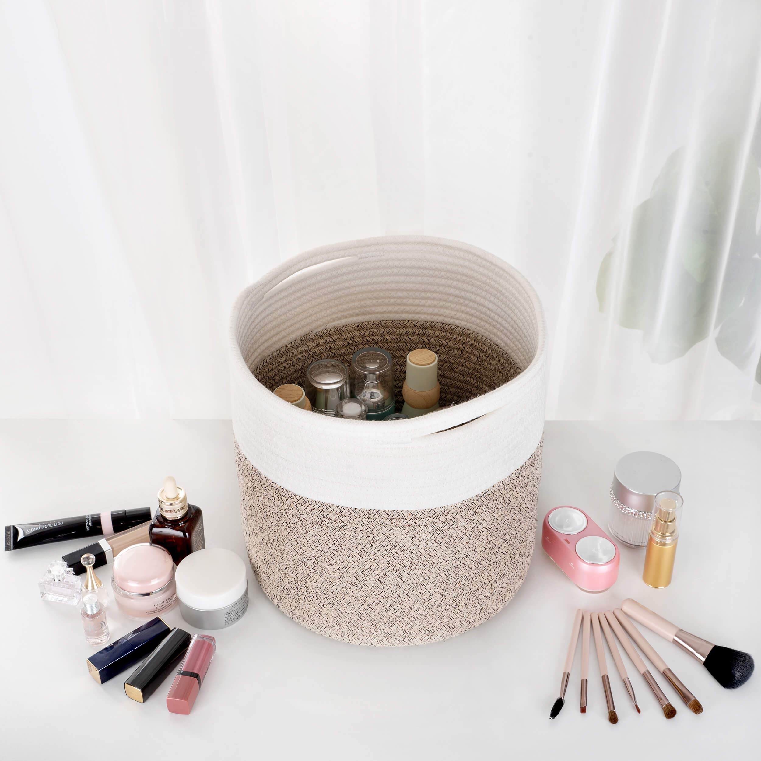 MINTWOOD 11x11 Inch Cotton Rope Basket - Decorative Round Woven Planter Cover for Indoor Plants, Flower Pots & Small Dog Toy Storage - Light Brown Home Decor for Living Room, Bedroom & Patio