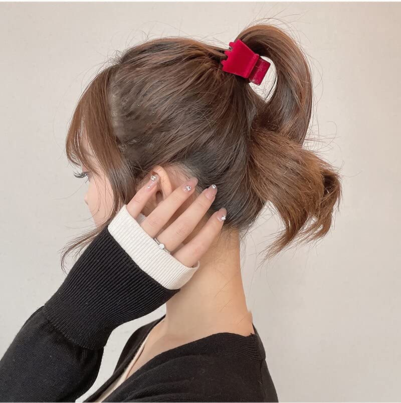 ASG 2-Pack Retro Velvet High Ponytail Hair Clips for Women & Girls - Mini Hair Claws with Geometric Design, Fashion Hair Accessories (Black & Red) - Perfect for Parties, Work & Everyday Styling