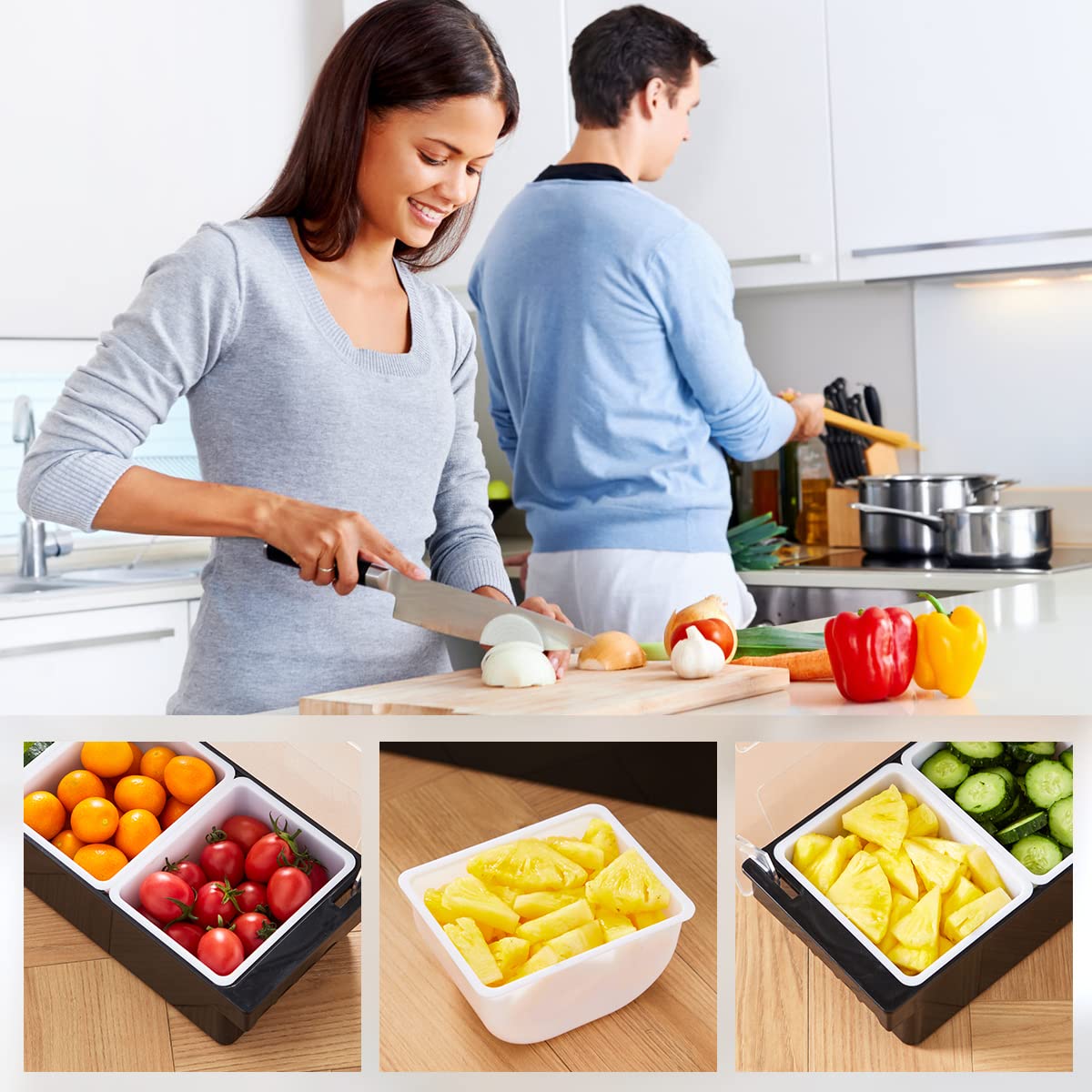 4-Compartment Ice Cooled Condiment Serving Container - Chilled Garnish Tray with Hinged Lid | Perfect for Bars, BBQs, Parties & Outdoor Dining