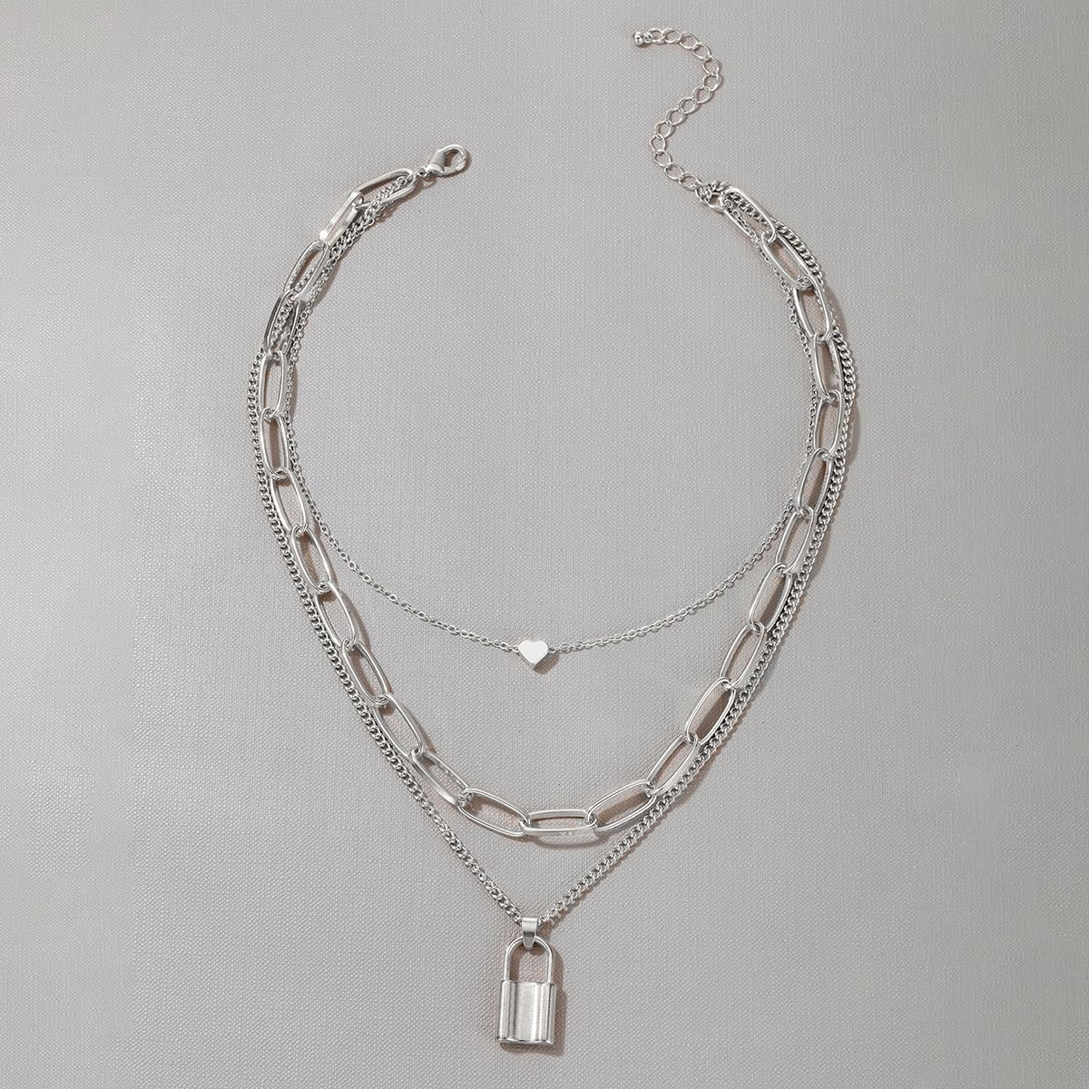 ONLYJUMP Stacked Lock Necklaces for Women - Black Lock Chains Heart Grunge Layered Necklace, Chunky Stylish Minimalist Pendant Jewelry for Casual Wear, Date Night & Gift Giving