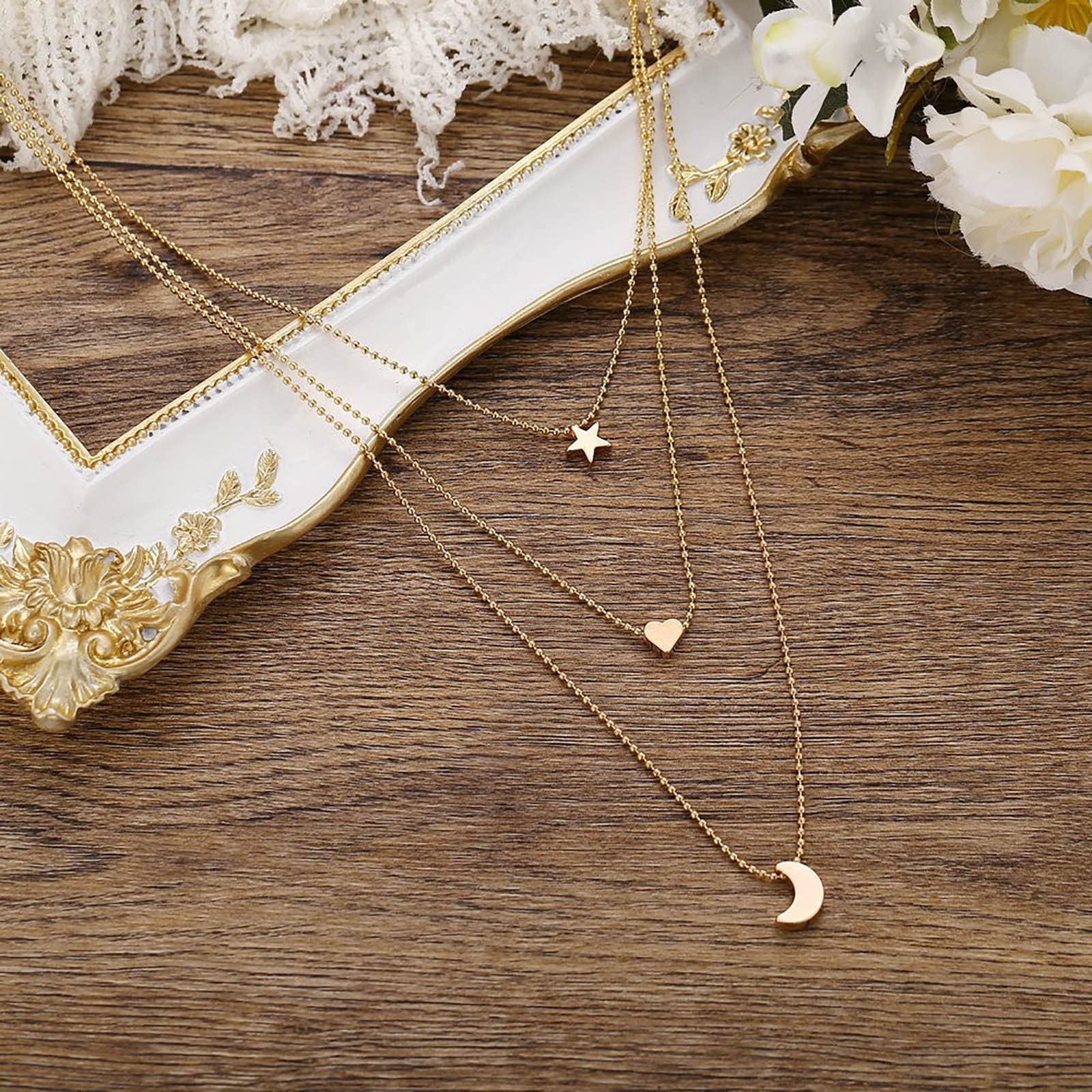 Layered Gold Necklace for Women - Star Moon Heart Pendant Collarbone Chain Jewelry | Elegant Gift for Her, Birthday, Anniversary & Everyday Wear (Gold, One Size)