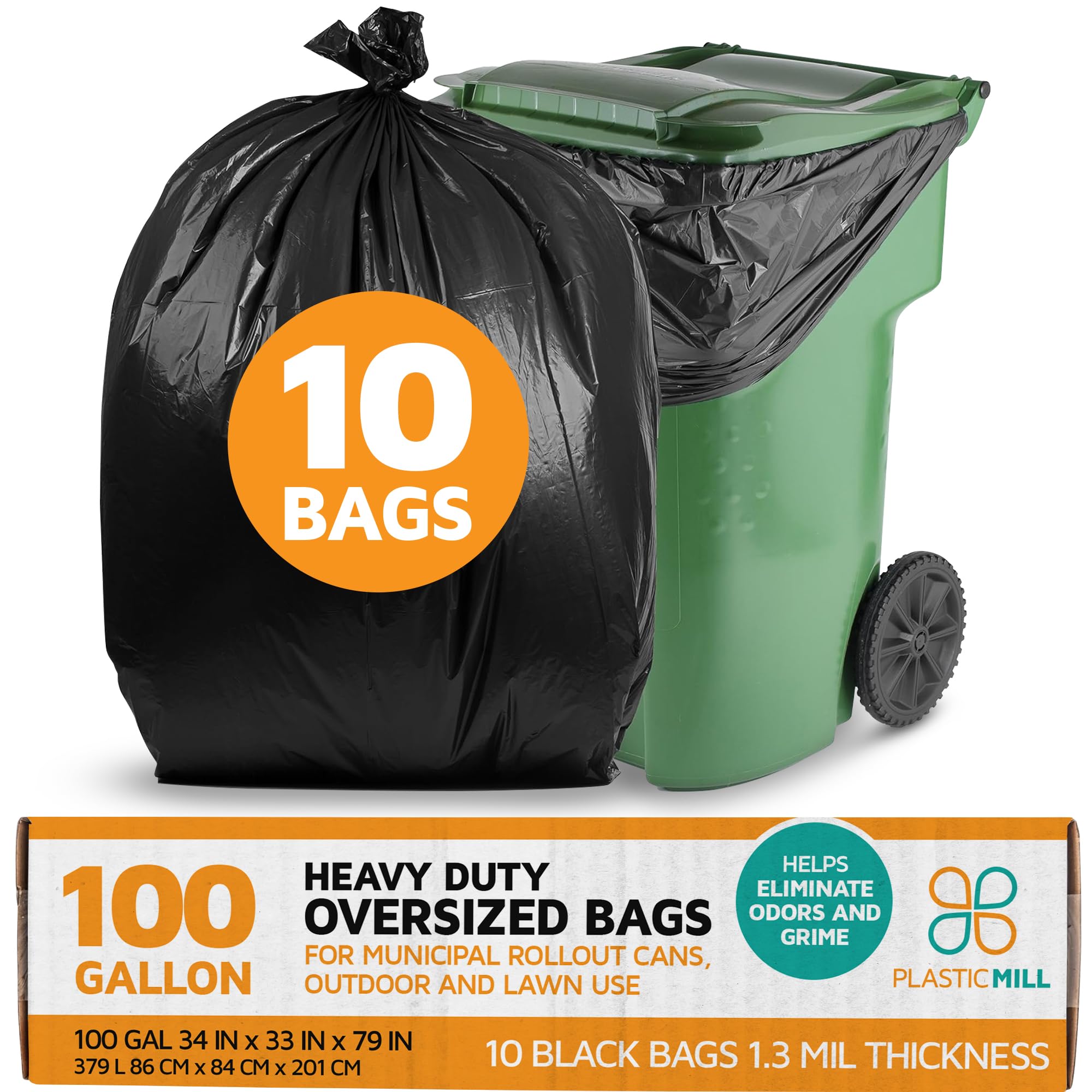 PlasticMill Heavy Duty Trash Bags - 100-Gallon Large Kitchen Garbage Bags (1.3 Mil, 67