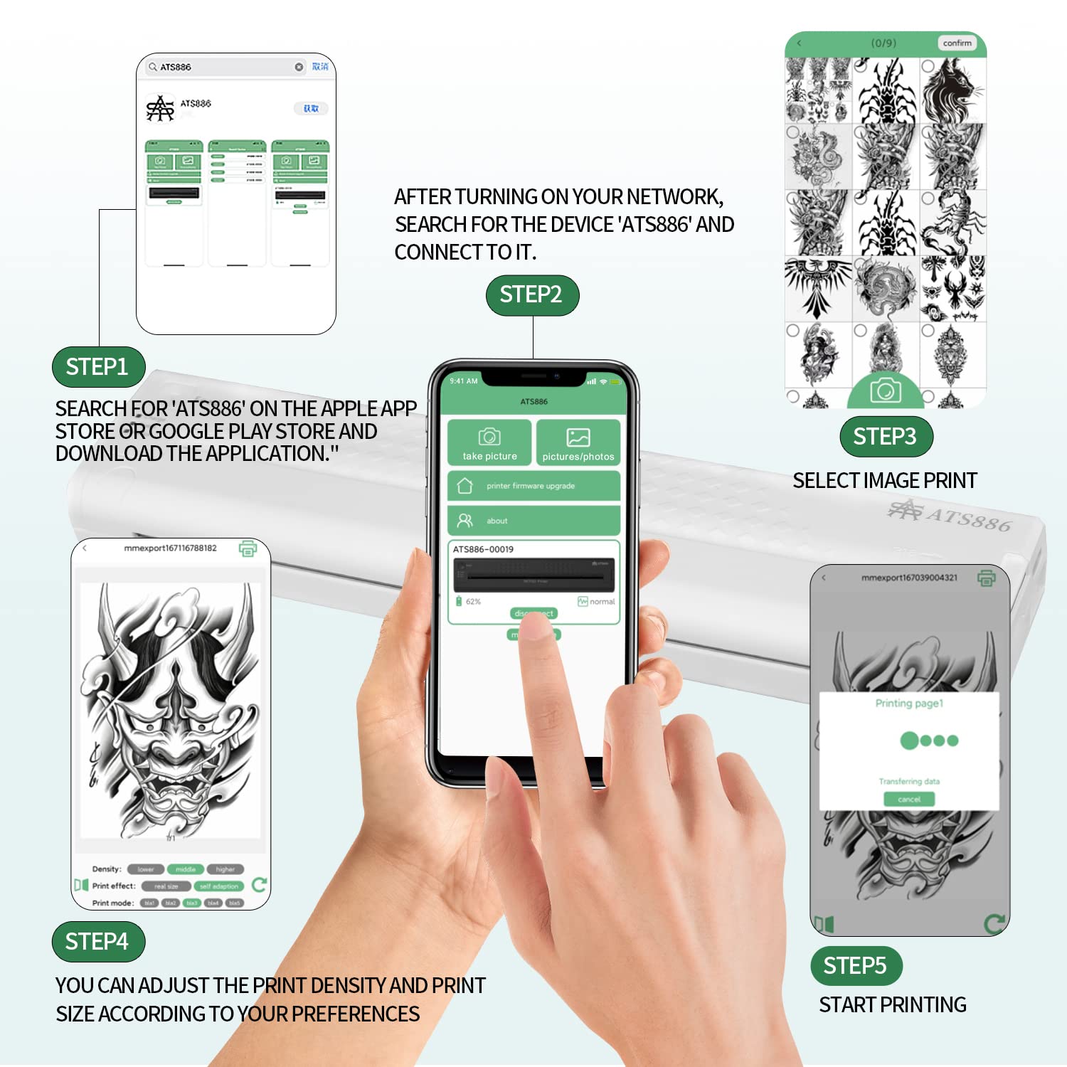 Wireless Tattoo Stencil Machine - Rechargeable Inkless Bluetooth Tattoo Printer with 15 Sheets Transfer Paper for Permanent & Temporary Tattoos, iOS Compatible - Perfect for Tattoo Artists & DIY Enthusiasts at Home or Studio