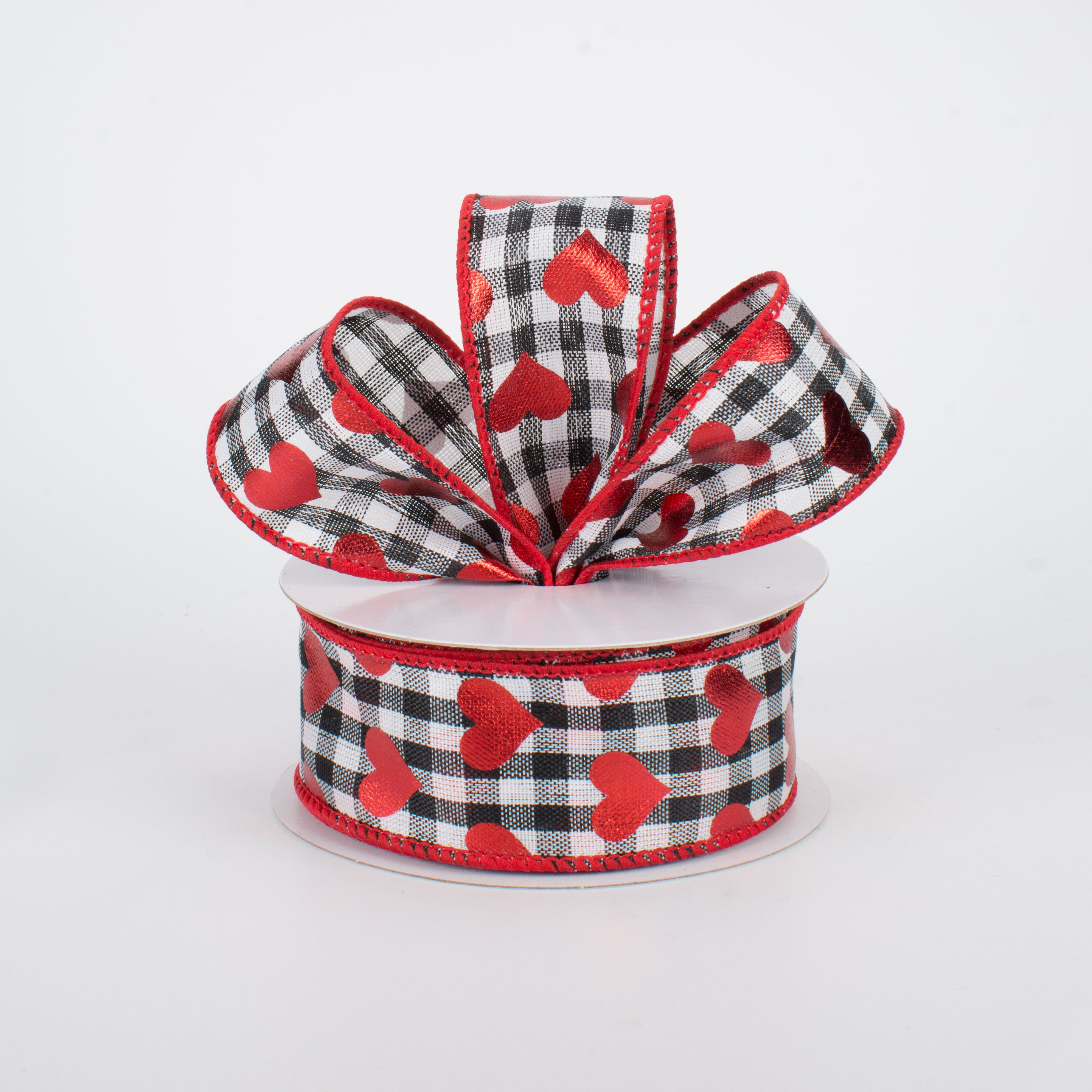 1.5 Inch Black & White Gingham Metallic Heart Ribbon - 10 Yards Bulk Roll for Gift Wrapping, DIY Crafts, Party Decorations, Scrapbooking and Hair Bows
