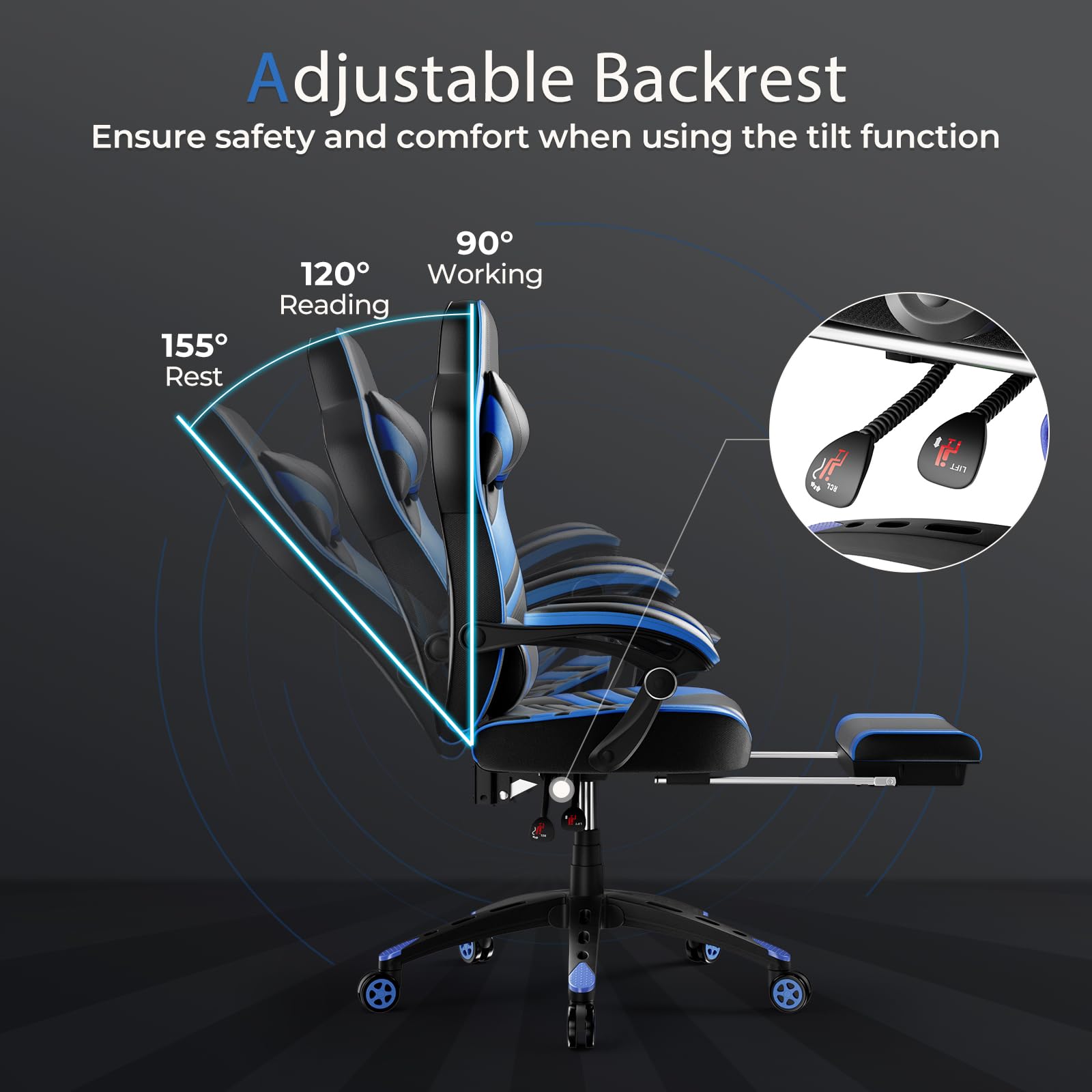 **POWERSTONE Ergonomic Gaming Chair with Footrest & Lumbar Support - Adjustable Racing Style PU Leather Computer Chair for Office & Home Gaming - Blue**    *(Perfect for Esports, Streaming, Work from Home & Long Gaming Sessions)*