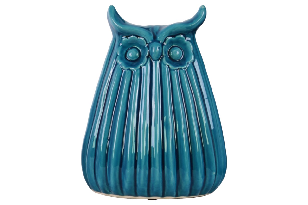 Large Glossy Blue Ceramic Owl Figurine with Ribbed Body - Elegant Home Decor for Living Room, Bookshelf & Gift Ideas