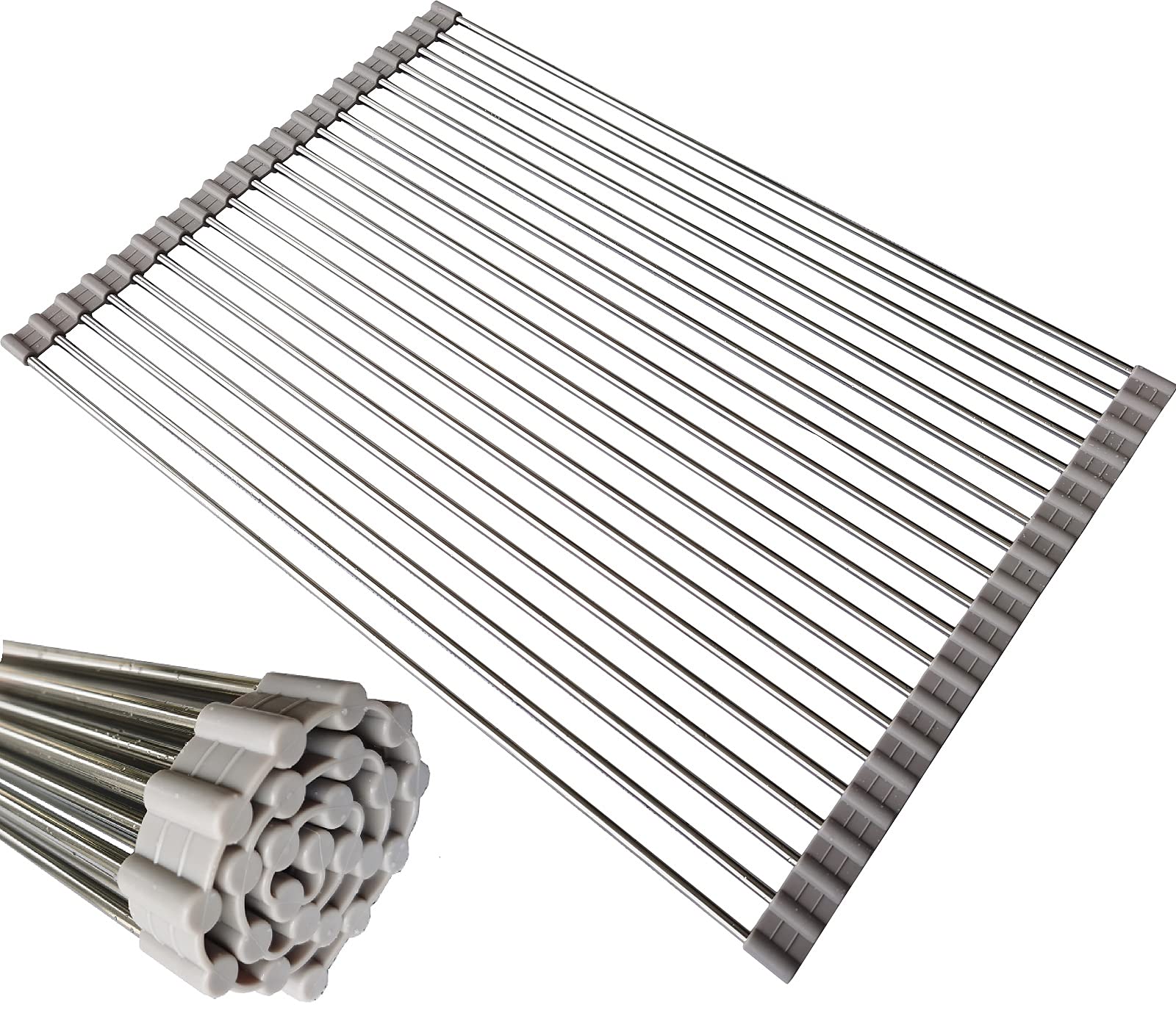 Stainless Steel Roll Up Dish Drying Rack - Over The Sink Space Saving Kitchen Organizer - Foldable & Portable Countertop Mat (17.7