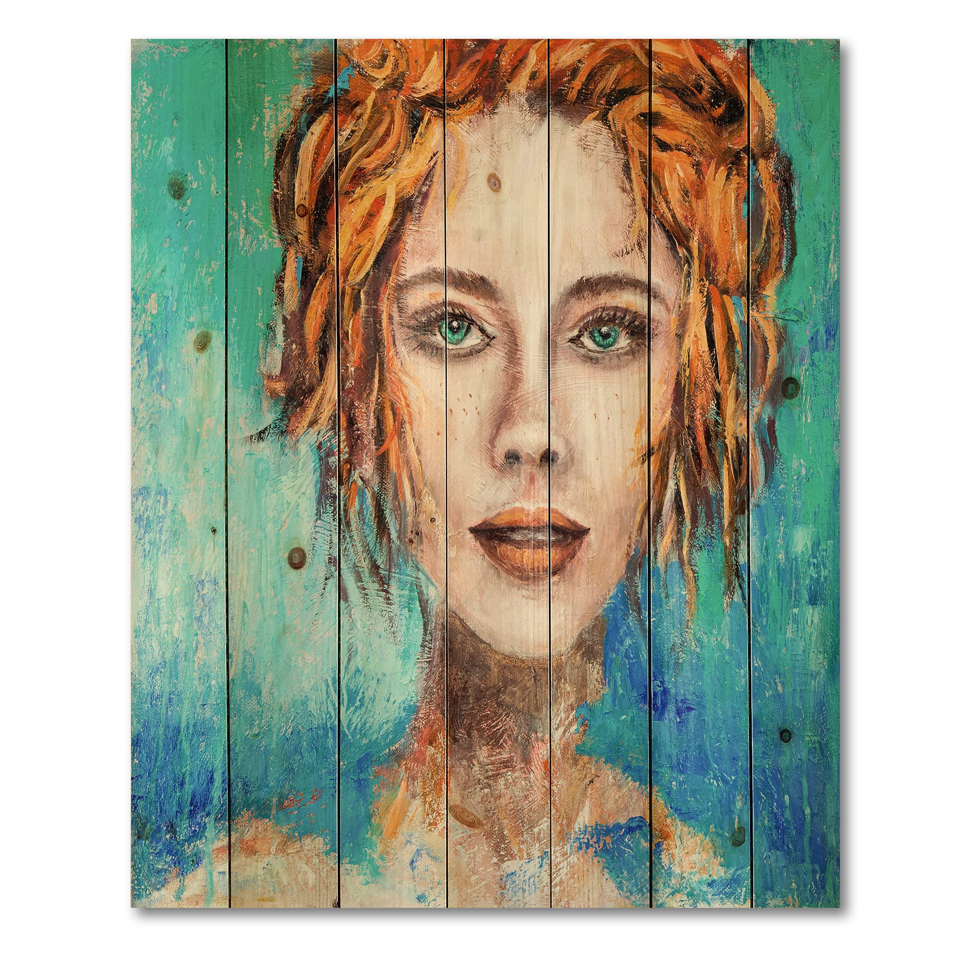 DesignQ Modern Wood Wall Art - Abstract Woman Face with Green Eyes & Red Hair, Large Contemporary Wood Wall Decor Printed on Natural Pine - Perfect for Living Room, Bedroom, or Office Decor