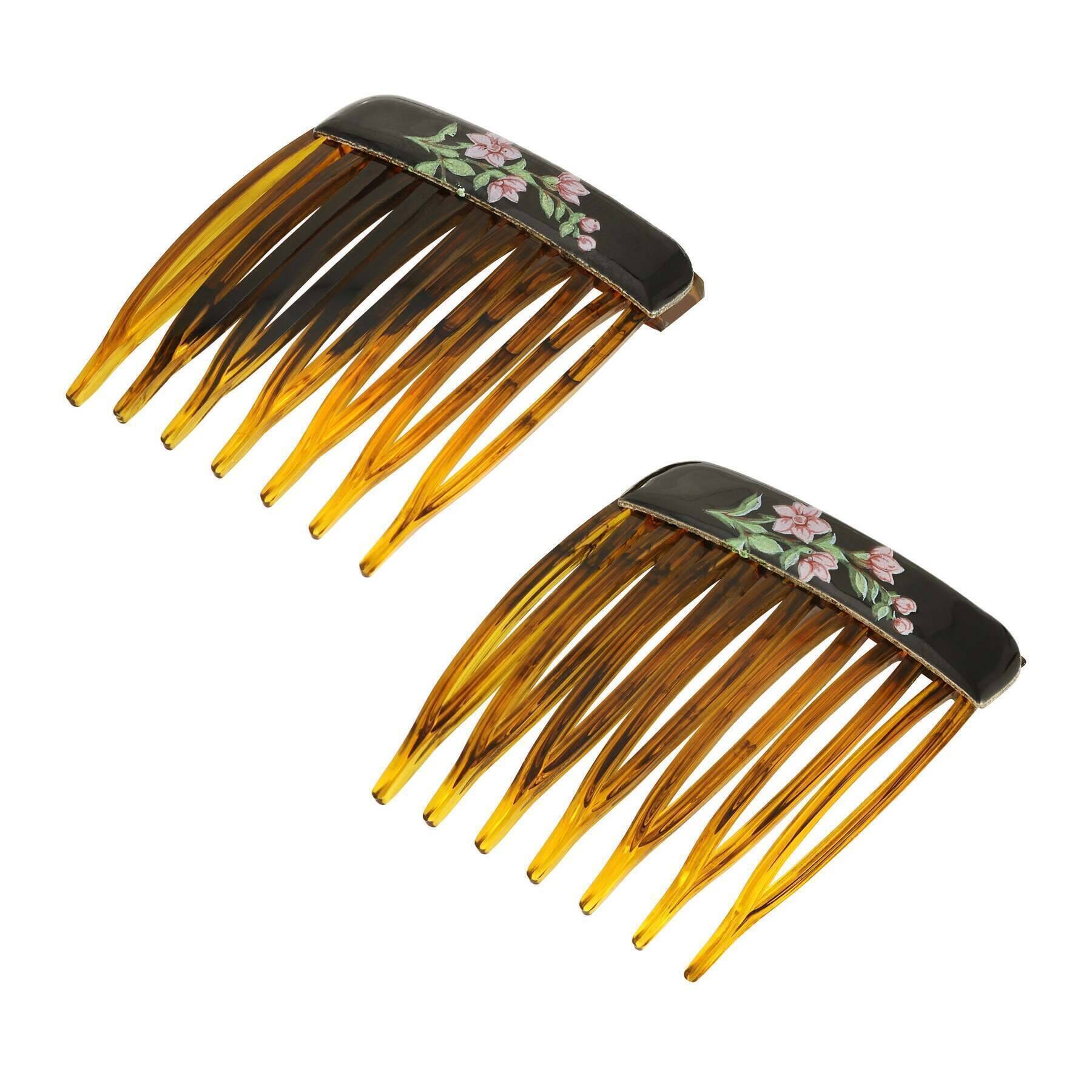1928 Vintage Brown Tortoise Shell Hair Comb Set with Floral Decal - Perfect for Weddings, Prom, and Special Occasions