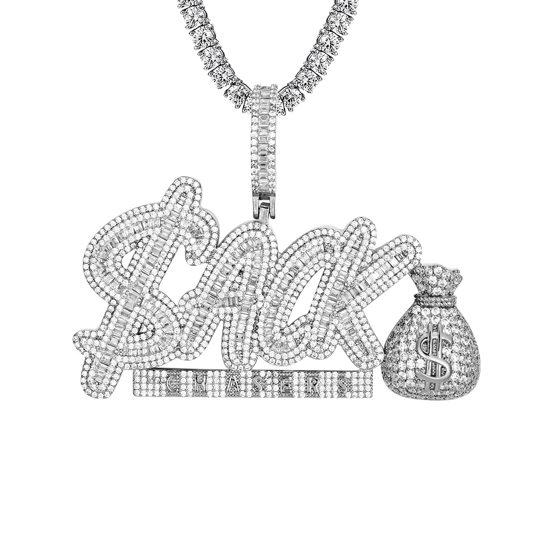 925 Sterling Silver Baguette Sack Chasers Dollar Bag Icy Pendant Necklace for Women - Elegant Hip Hop Jewelry Gift for Parties & Special Occasions