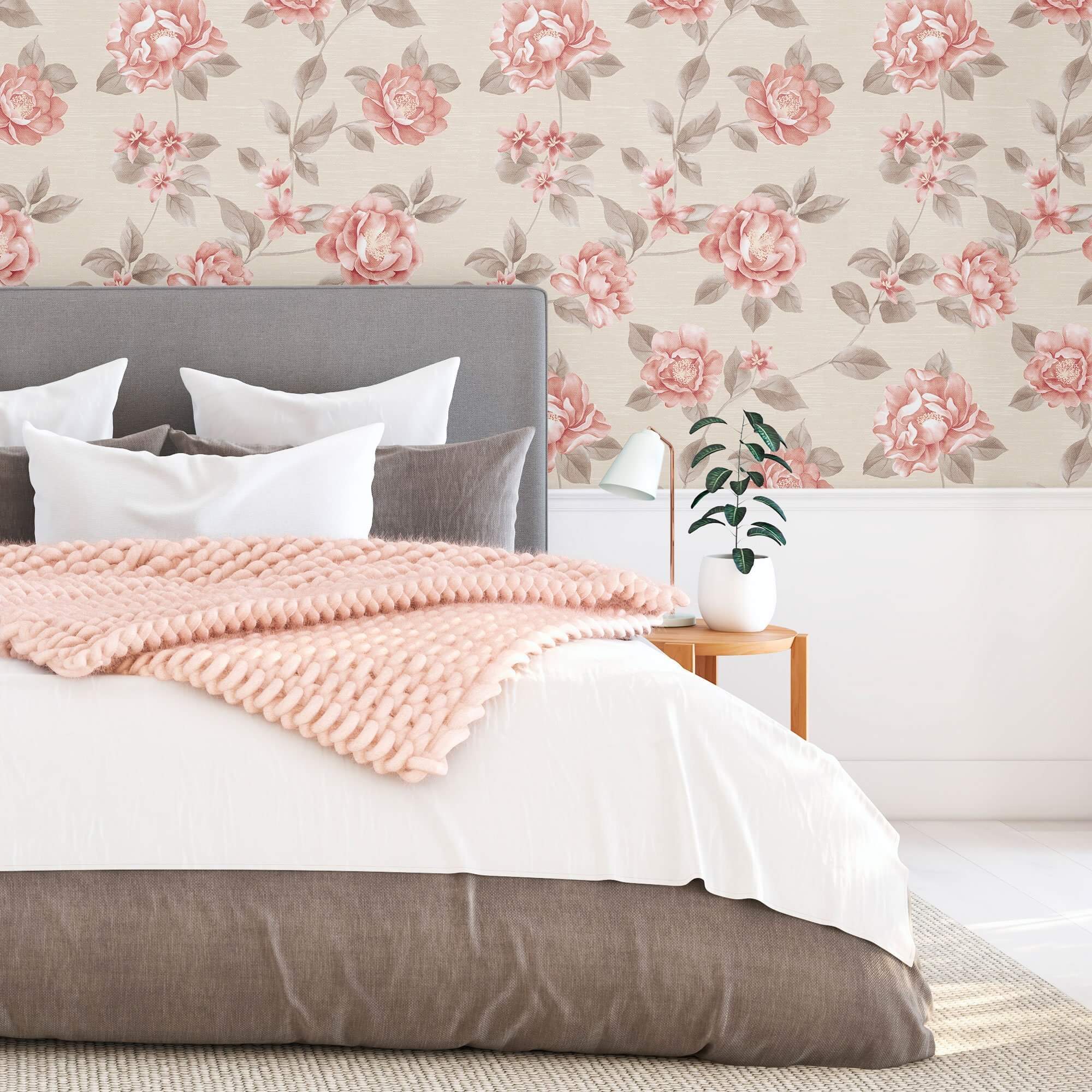Pink and Beige Floral Peel and Stick Removable Wallpaper 0533 - Self-Adhesive Wall Decor for Bedroom, Nursery, Living Room & Office