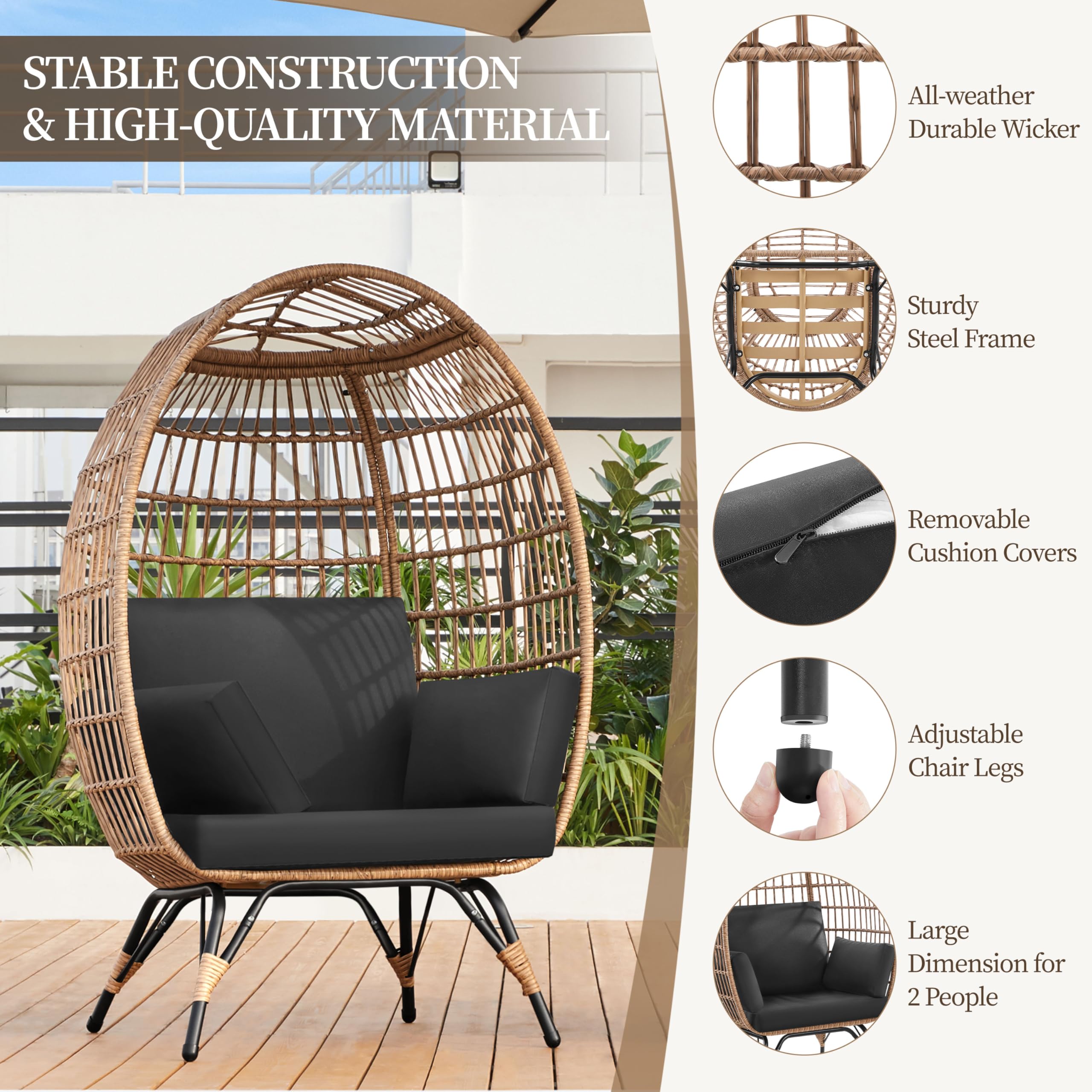 Yaheetech Oversized Egg Rattan Chair - Indoor/Outdoor PE Wicker Hanging Basket Lounger with 4 Cushions & Metal Stand for Patio, Balcony, Backyard, Living Room - Light Brown/Black - Perfect for Relaxing, Reading & Sunbathing