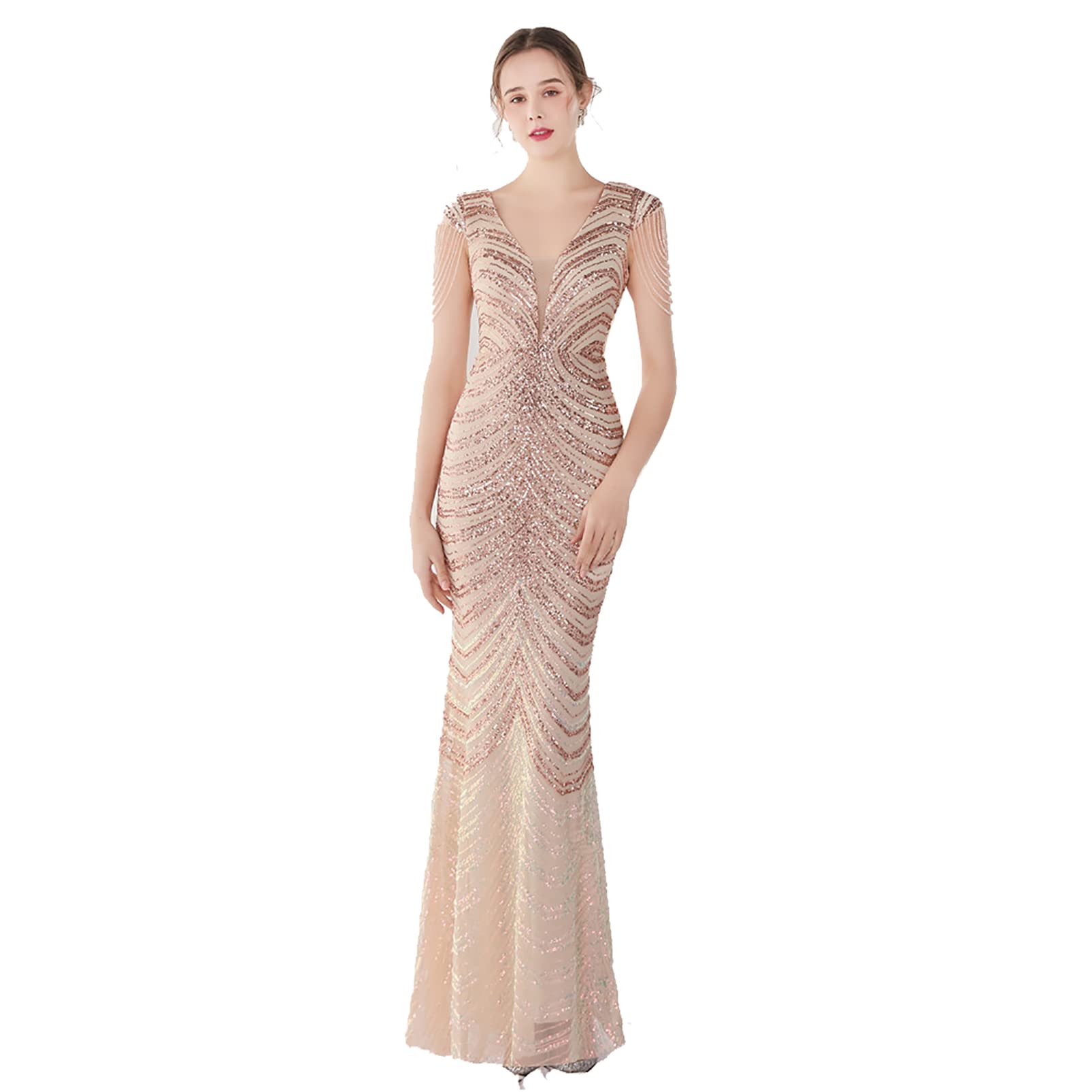 Elegant Women's Mermaid Evening Cocktail Dress - Sleeveless V-Neck Beaded Sequins Sundress for Bridesmaid, Prom & Party | Perfect for Weddings, Galas & Special Occasions