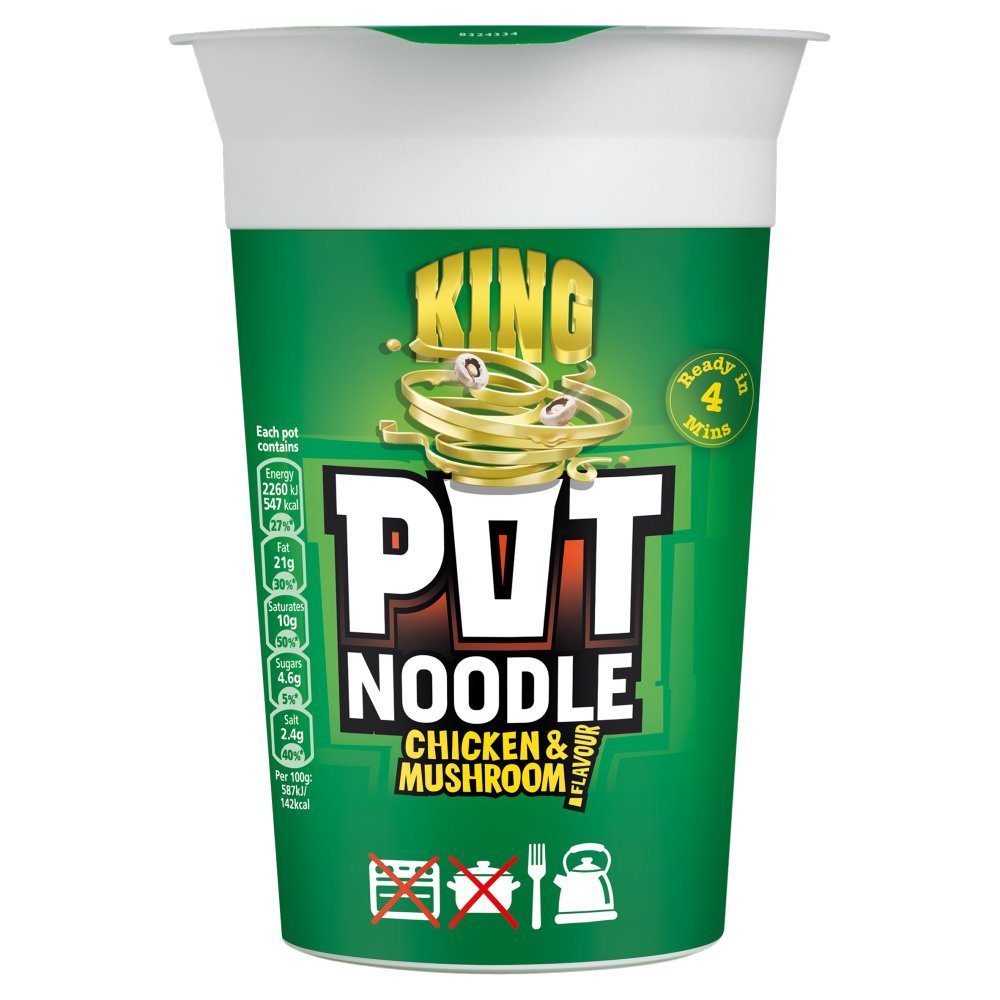 King Pot Noodle Chicken & Mushroom Flavor Instant Noodles - 12 Pack (114g Each) | Quick & Easy Meal for Office, Dorm, Camping & Travel