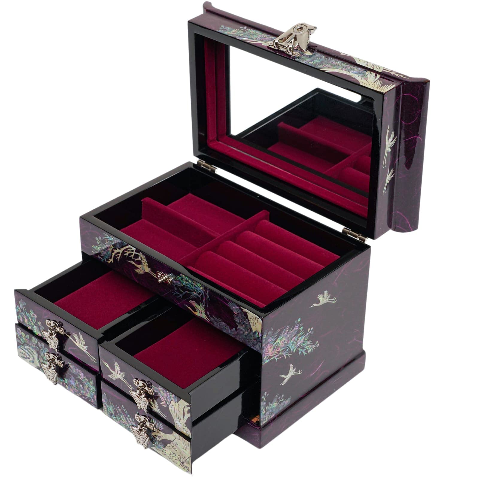 February Mountain Mother of Pearl Wooden Jewelry Organizer Box - Spacious Jewelry Storage for Women with Multiple Drawers | Perfect for Rings, Bracelets, Watches, Necklaces & Accessories | Elegant Home Decor & Gift Idea (Crane Purple)