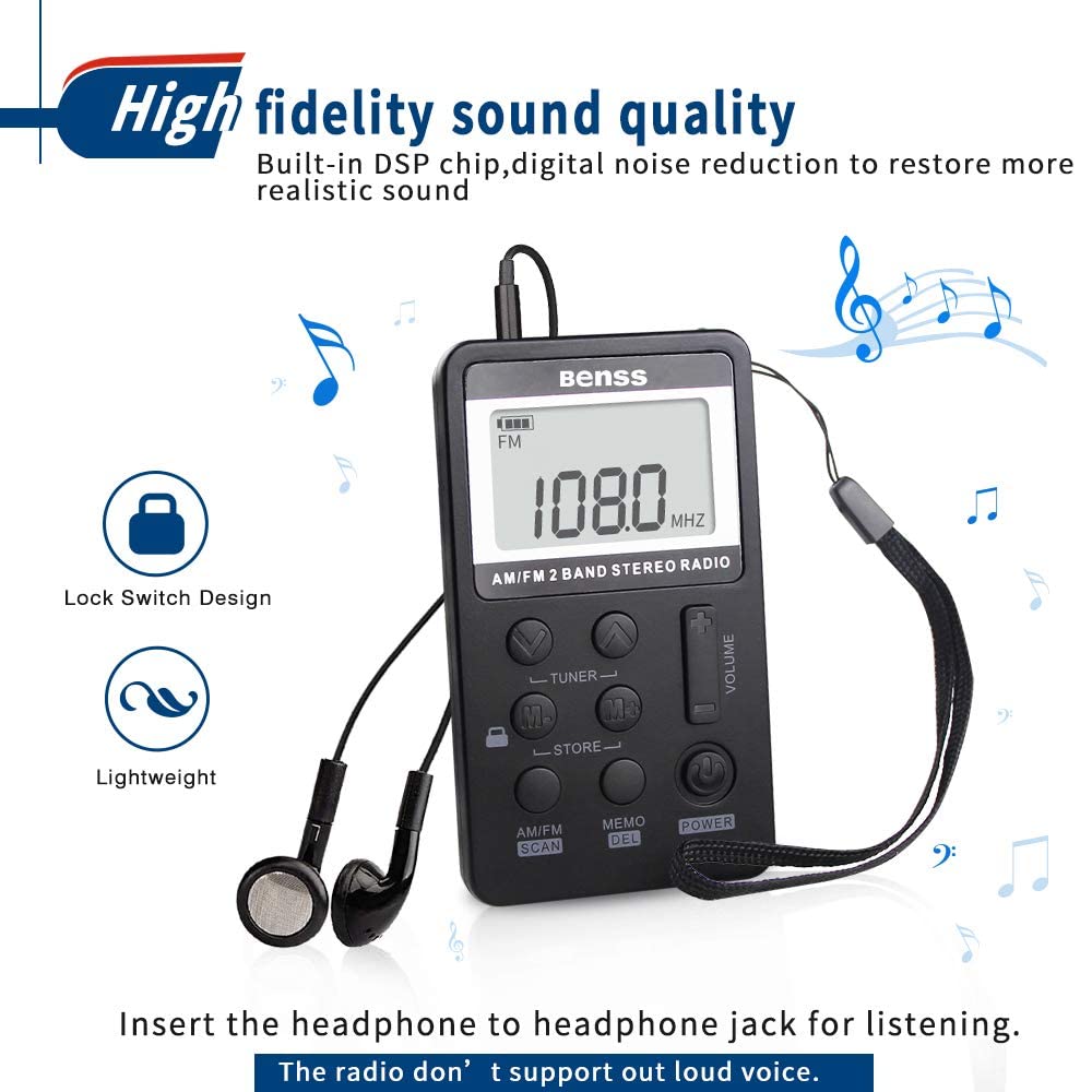 Portable AM/FM Digital Radio with DSP Tuning, LCD Screen, USB Rechargeable & Headphone Jack - Mini Pocket Stereo Receiver for Walking, Jogging, Camping, Travel & Outdoor Activities (Black)