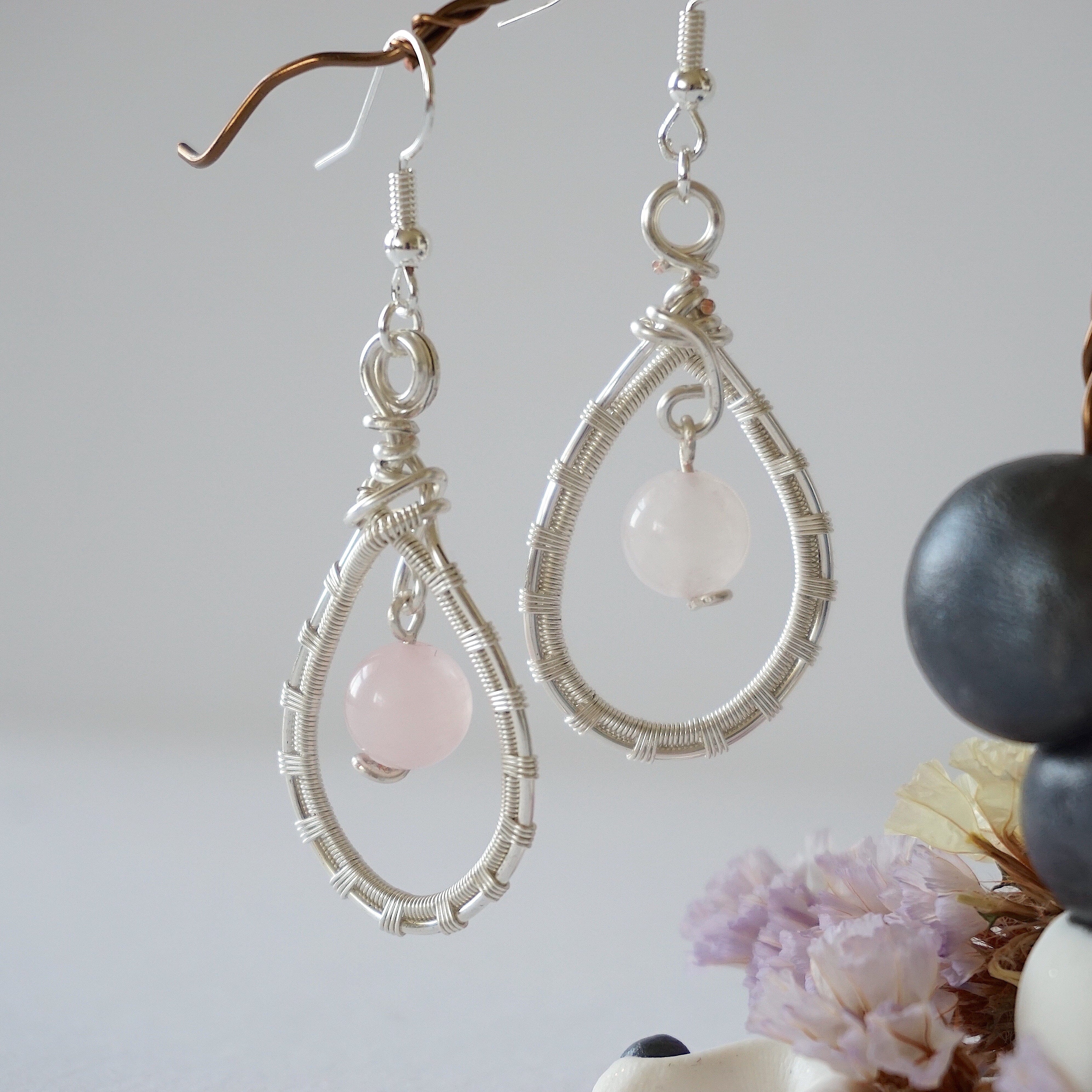 Rose Quartz Round Wire Earrings - Silver Plated Dangle Earrings for Women, Healing Crystal Jewelry Gift for Her | Boho Chic, Meditation, Yoga, Everyday Wear