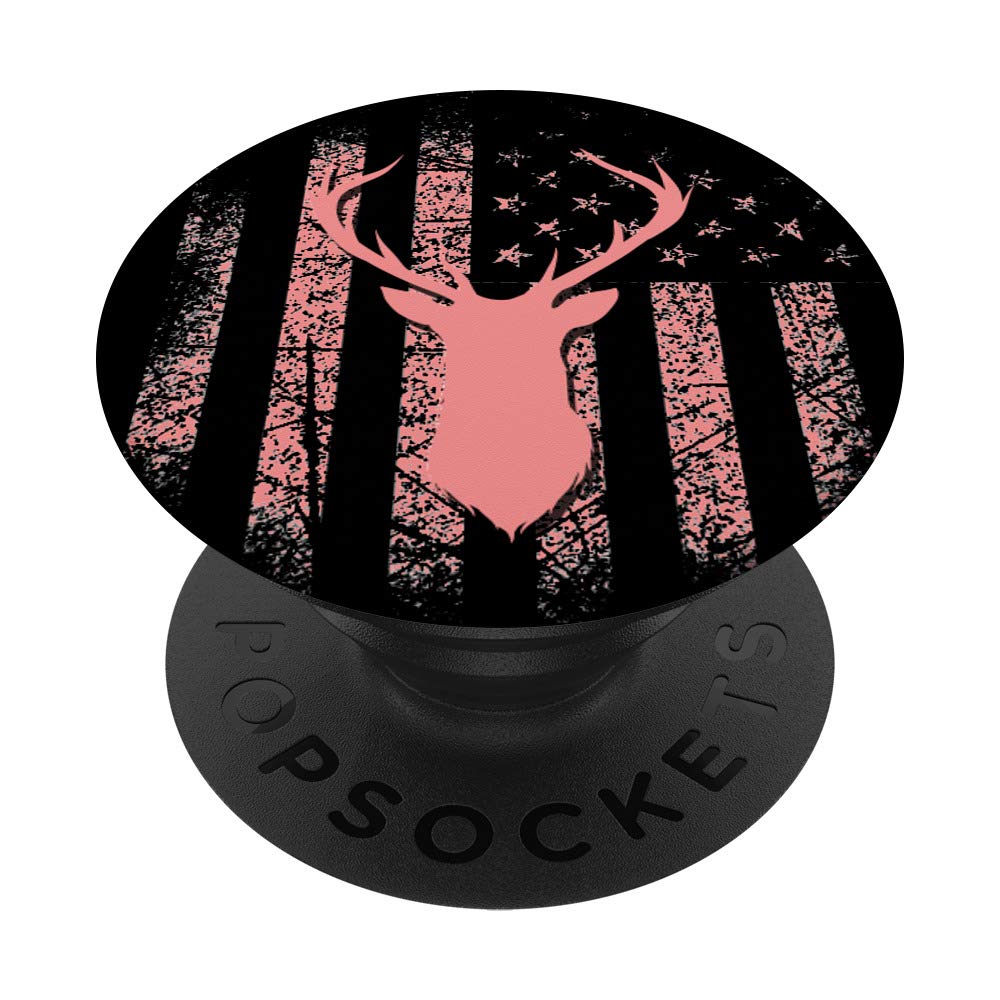 USA Flag Pink & Black Background Deer Hunting PopSockets - Phone Grip & Stand for Women & Girls | Perfect for Hunting, Outdoor Adventures & Phone Protection