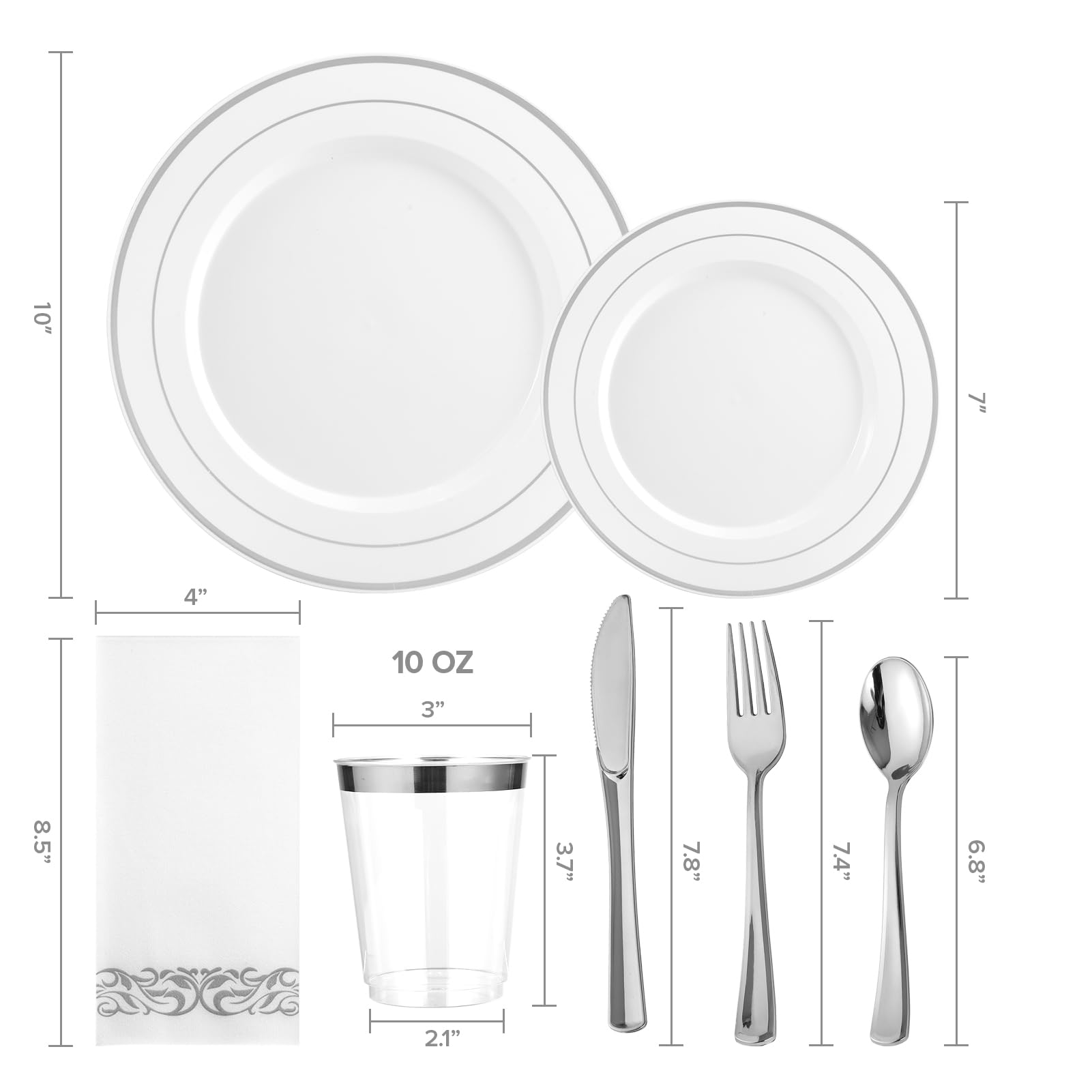 FOCUSLINE 175-Piece Silver Dinnerware Set for 25 Guests - Elegant Disposable White Plastic Plates with Silver Rim, Includes 25 Dinner Plates, Dessert Plates, Silverware Sets, Cups & Napkins - Perfect for Weddings, Parties, Catering & Special Events