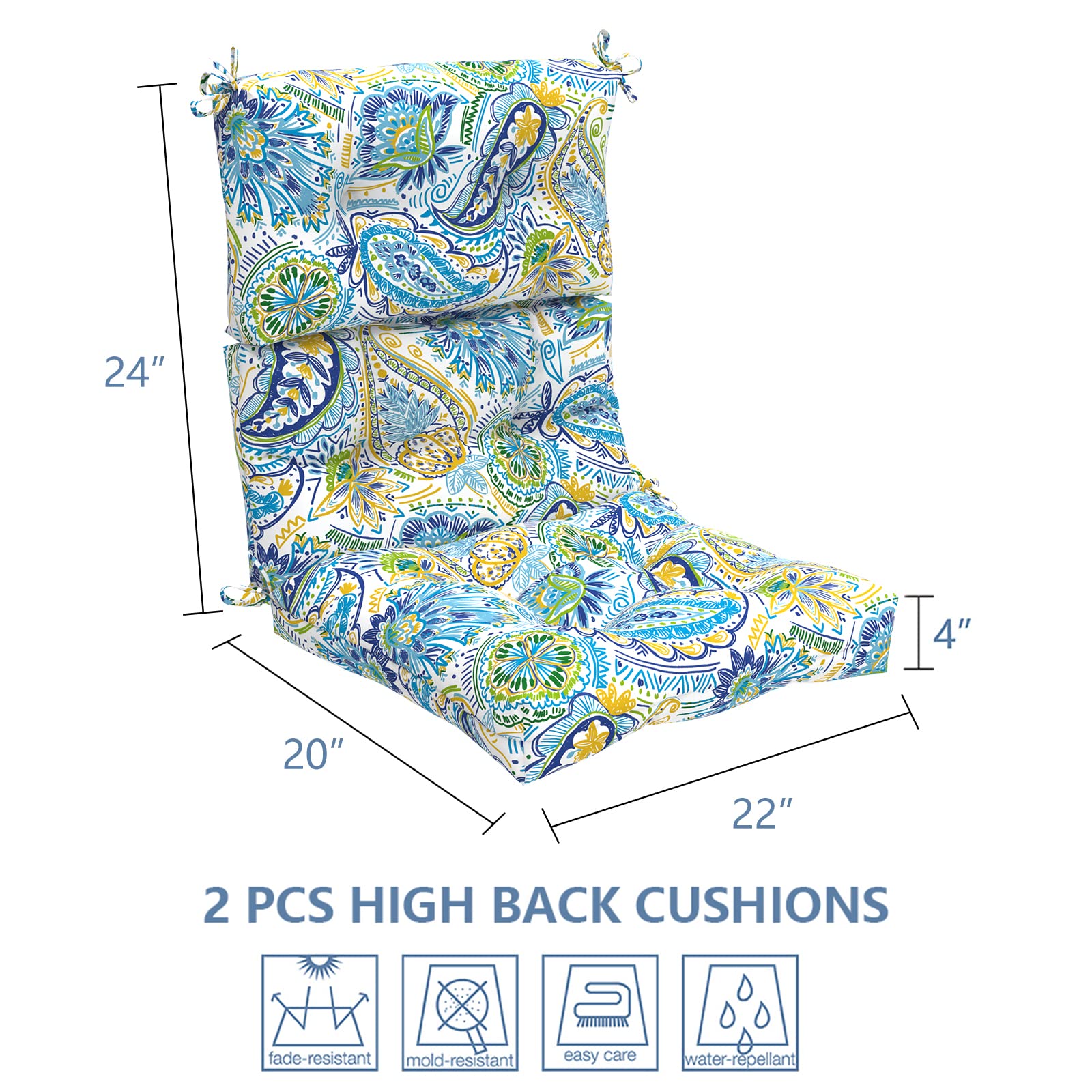 **LVTXIII 2 Pack High Back Chair Cushions for Outdoor & Indoor Use – Deep Seat Patio Cushion Set with High Rebound Foam – 44”x22”x4” – Paisley Blue – Perfect for Rocking Chairs, Porch Swings & Garden Furniture**