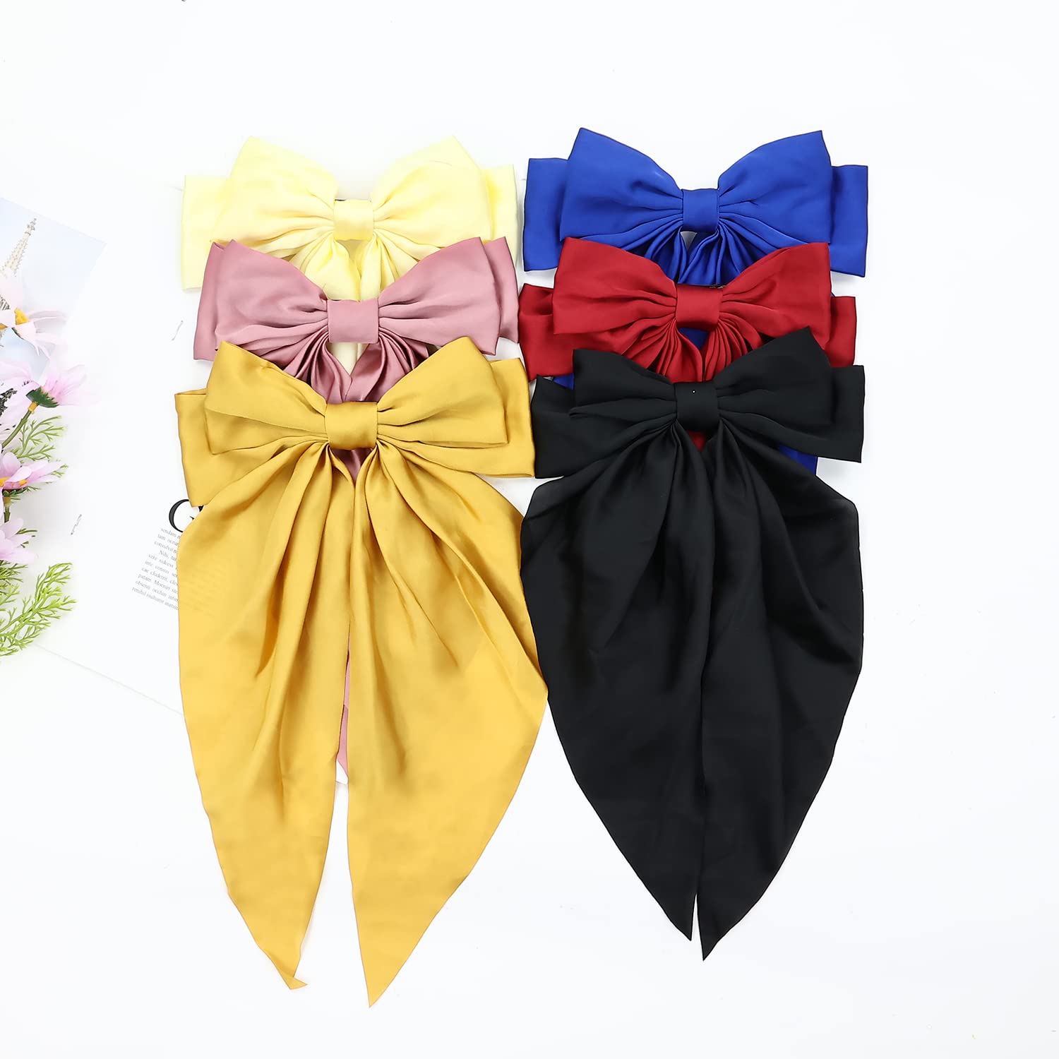 6 Pack Oversized Satin Hair Bows for Women - Large Bow Hair Clips with Long Silky Ribbon Tails - Elegant French Barrette Ponytail Holder for Parties, Weddings & Daily Hair Accessories