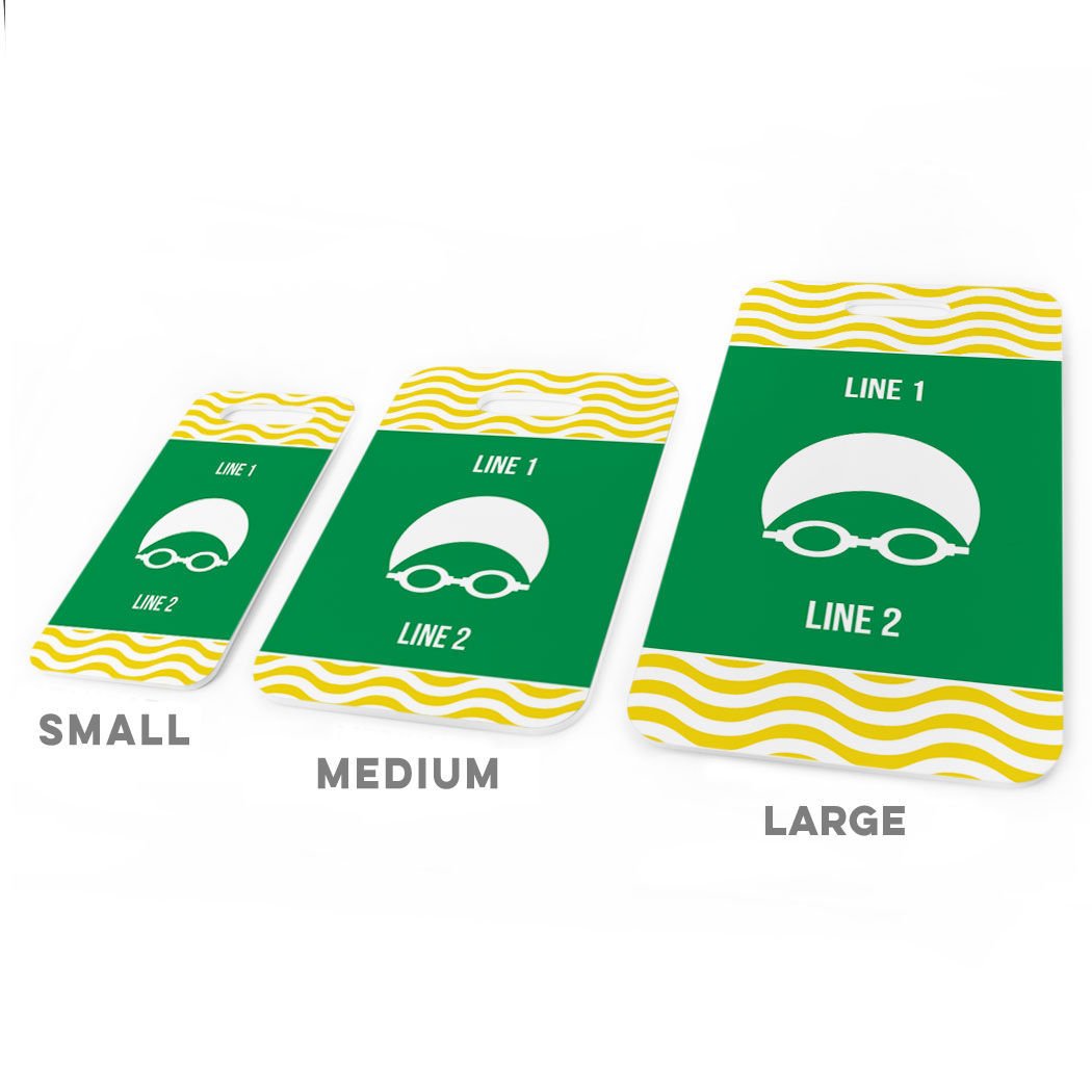 Personalized Swim Team Luggage Tag with Swimmer Design - Large Yellow/Green Waterproof Bag Tag for Swim Meets, Travel & Pool Accessories | Durable Standard Lines on Back
