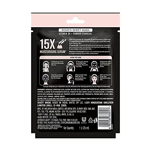 POND'S Activated Charcoal Sheet Mask with Vitamin B6 - Deep Cleansing & Detoxifying Facial Mask for Clear Skin | Paraben-Free, Black Biodegradable Fabric (25ml) | Perfect for Acne-Prone Skin & Weekly Skincare Routine