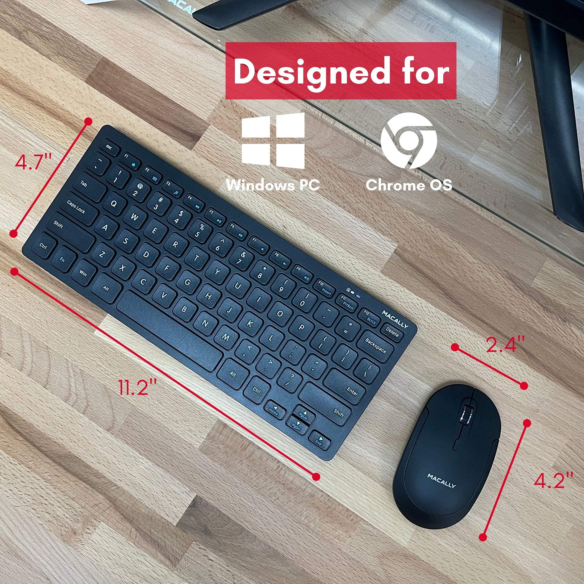 Macally Wireless Mini Keyboard & Mouse Combo with Vertical Laptop Stand - Compact Ergonomic Setup for Home Office, Gaming, and Workspace Organization
