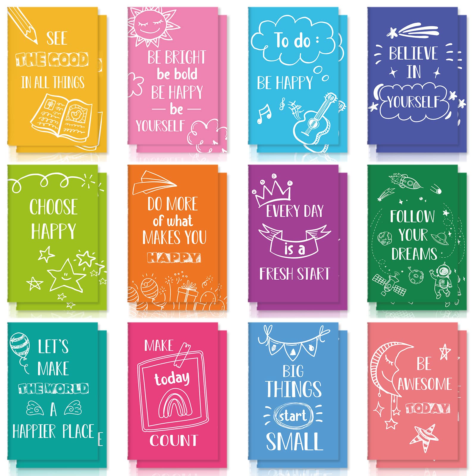 24-Pack Mini Colorful Notebooks Bulk - Funny Motivational Journals & Inspirational Notepads - Small Pocket Notebook for Teachers, Office Prizes, Travel & Daily Journaling (Happy Style)