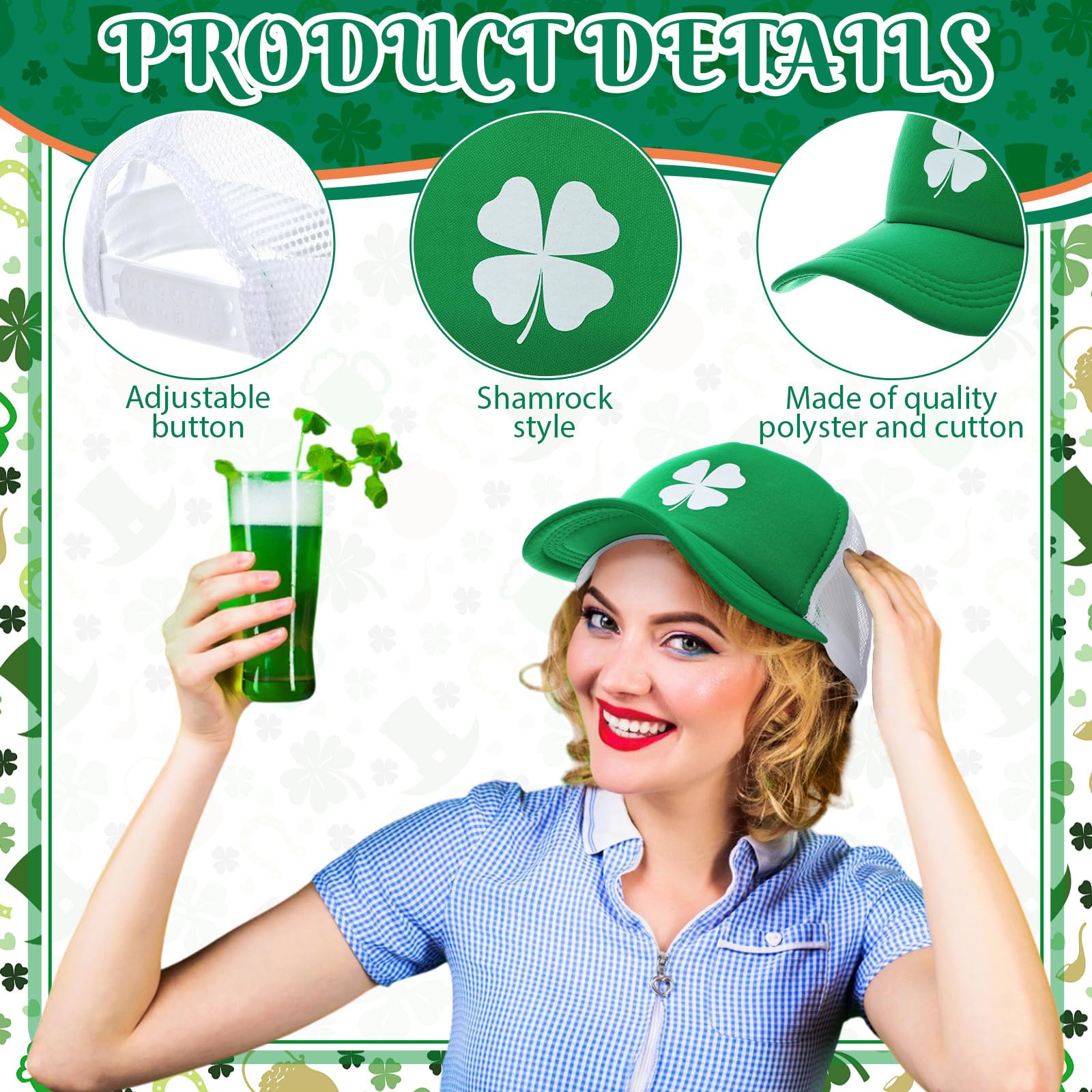 24 Pcs St Patrick's Day Hats Bulk - Irish 4 Leaf Clover Baseball Caps, Adjustable Green Foam Cotton Shamrock Hats for Men & Women - Perfect for St Patty's Day Parties, Parades & Festive Gifts
