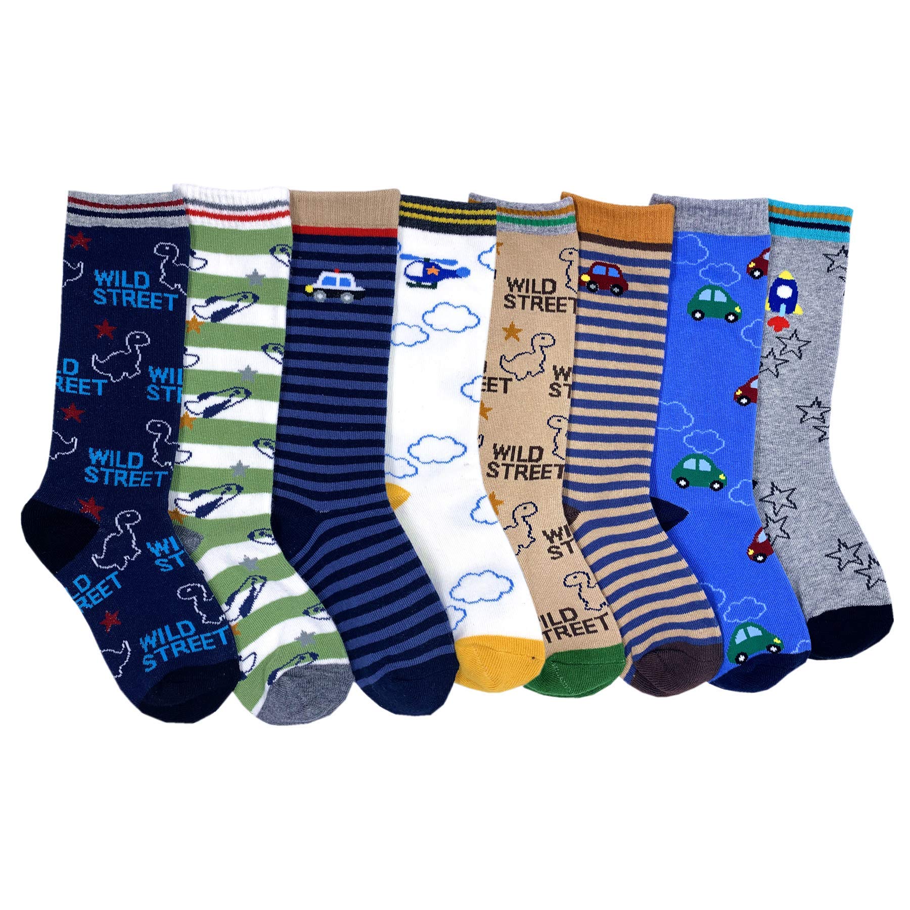 Dinosaur Boys Knee High Tube Socks - 8 Pack Comfortable Cotton Stockings for School, Sports & Everyday Wear