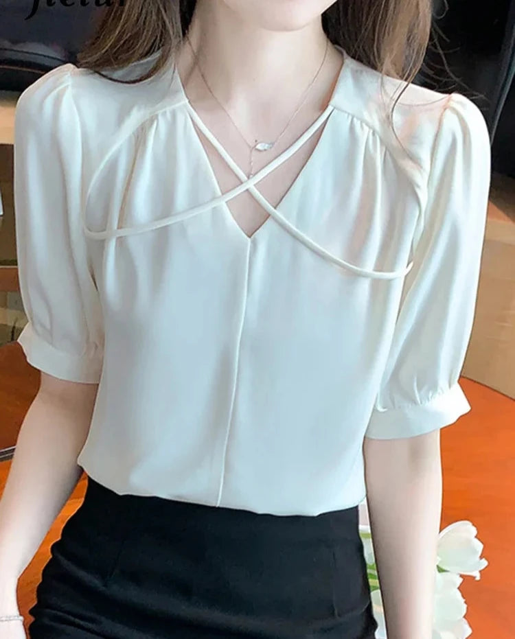 Apricot Puff Sleeve V-Neck Elegant Blouse for Women | Summer Solid Color Workwear | Korean Style Chic Top for Office, Dating & Casual Outfits