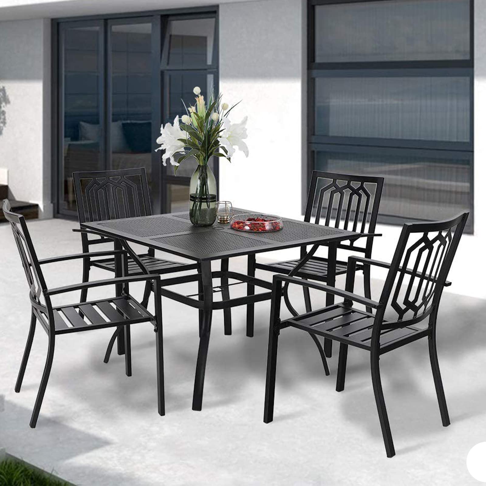 MFSTUDIO 5-Piece Black Metal Dining Table Set with 4 Armrest Chairs - 37