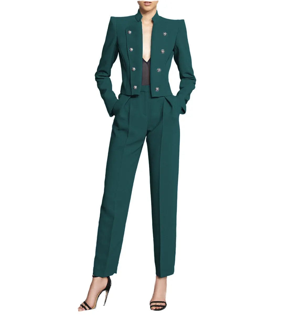 2 Piece Women's Slim Fit Stand Collar Suit Set - Elegant Business Blazer & Pants for Office, Interview & Formal Occasions