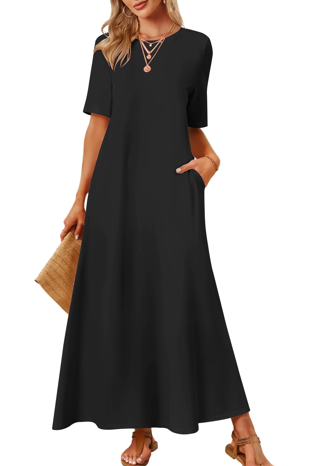MEROKEETY Women's Summer Maxi Dress - Casual Short Sleeve Crewneck T-Shirt Dress for Beach, Vacation & Everyday Wear | Flowy Long Dress for Spring & Summer Outings