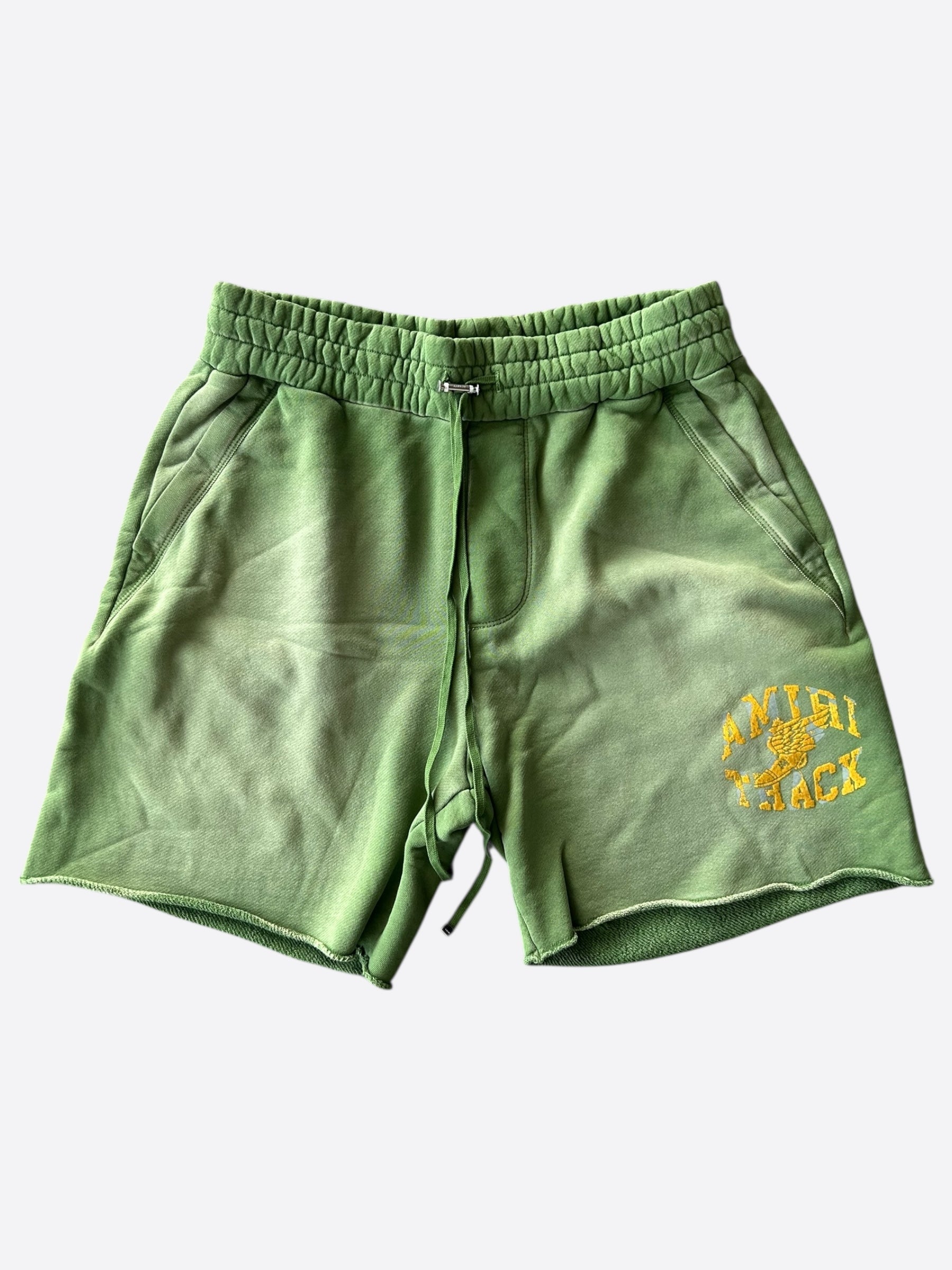 Amiri Green & Yellow Track Logo Shorts for Men - Stylish Casual Athletic Shorts for Running, Gym, and Streetwear Fashion