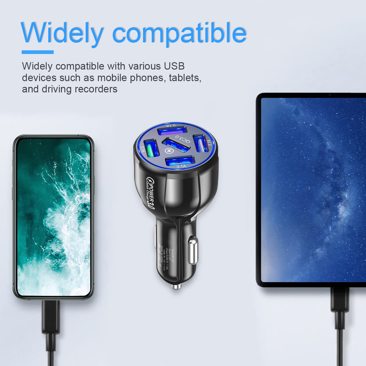 2 Pack QC 3.0 Fast Car Charger Adapter with 5 USB Ports - Dual Cigarette Lighter Charger for iPhone 13/12/11/Pro/Max, Samsung Galaxy, iPad, Camera & Car Accessories - Perfect for Road Trips & Multi-Device Charging (Blue, 2PCS)